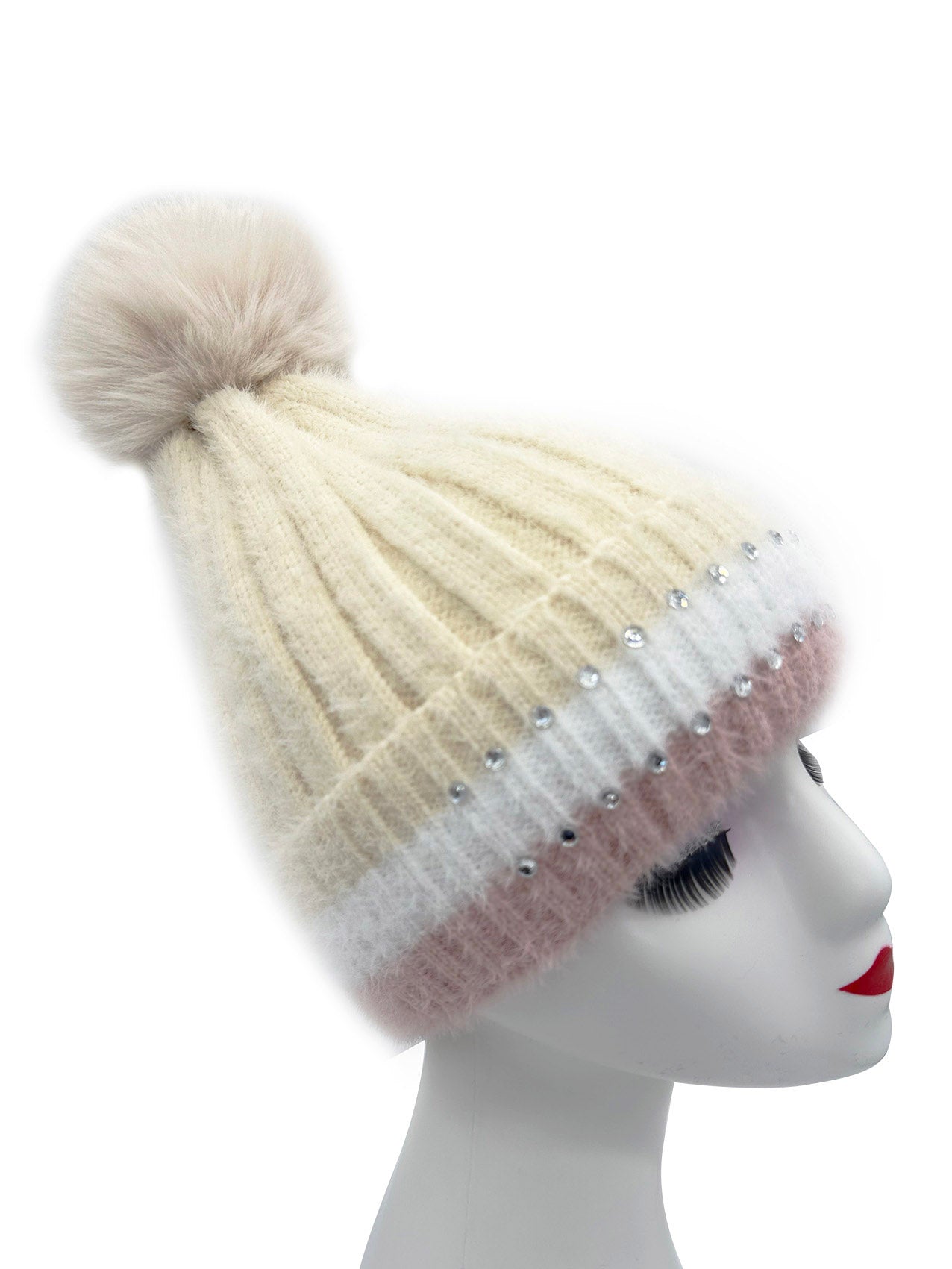 HT2411-090 Beanie Pom Pom Hat with Colourful Cuff