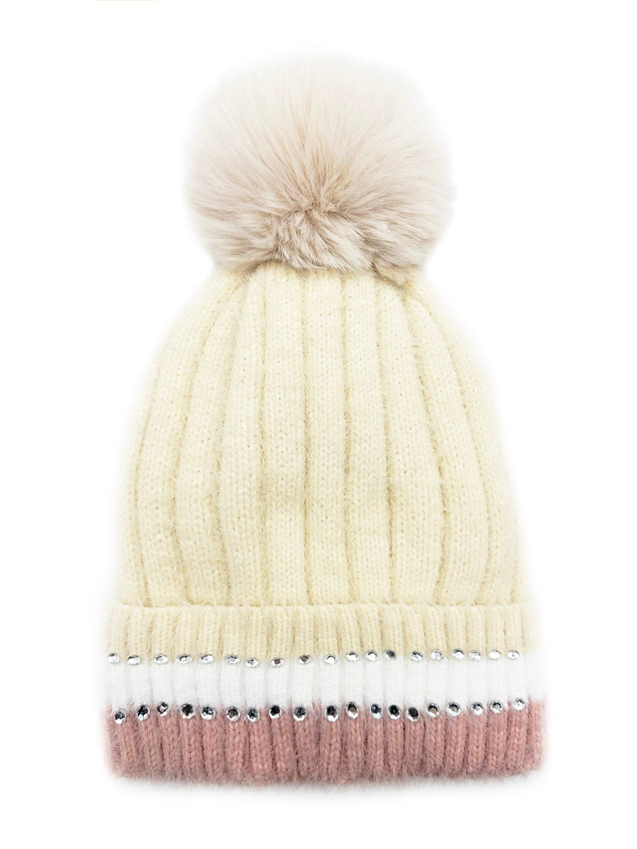 HT2411-090 Beanie Pom Pom Hat with Colourful Cuff