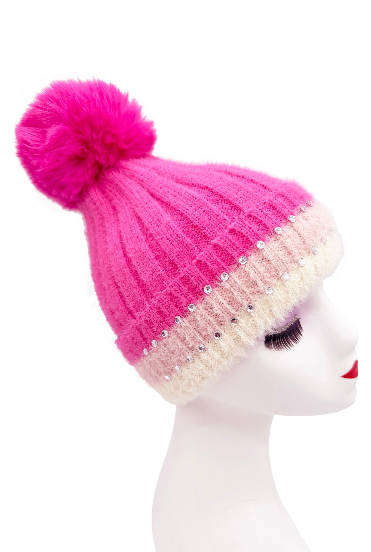 HT2411-090 Beanie Pom Pom Hat with Colourful Cuff