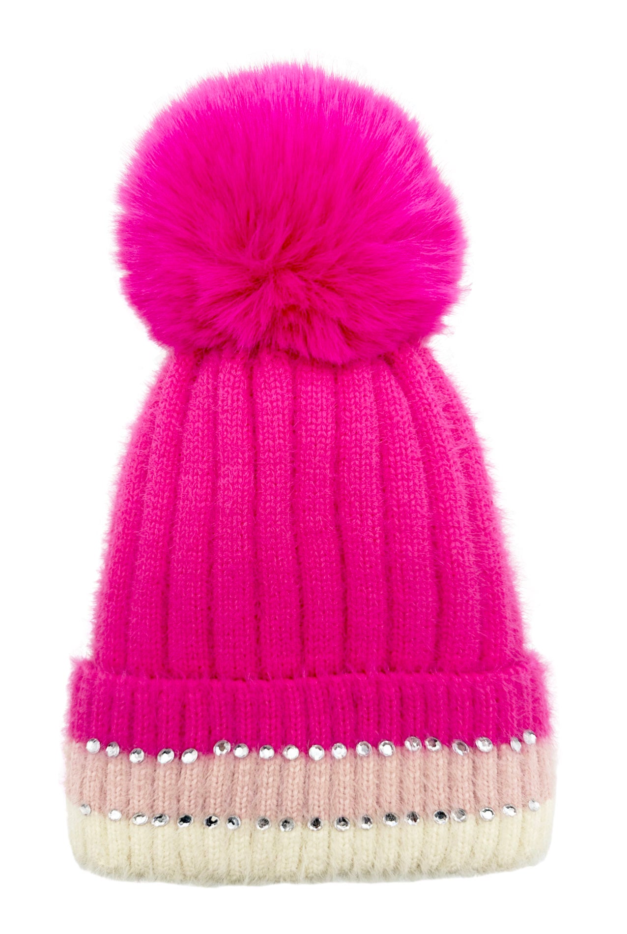 HT2411-090 Beanie Pom Pom Hat with Colourful Cuff