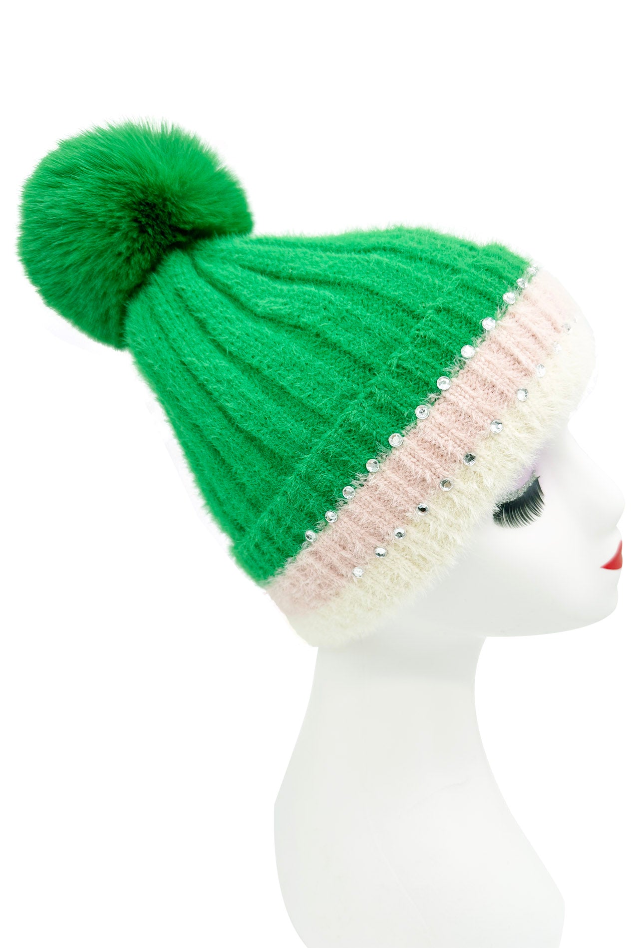 HT2411-090 Beanie Pom Pom Hat with Colourful Cuff