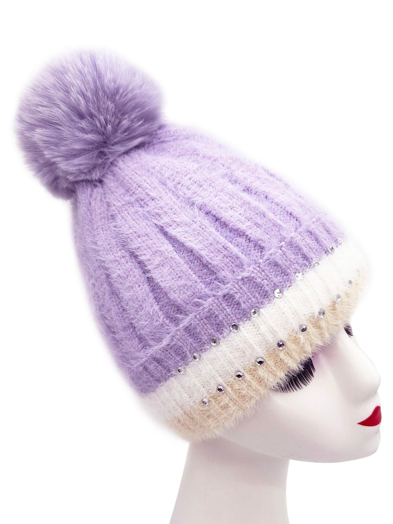 HT2411-090 Beanie Pom Pom Hat with Colourful Cuff