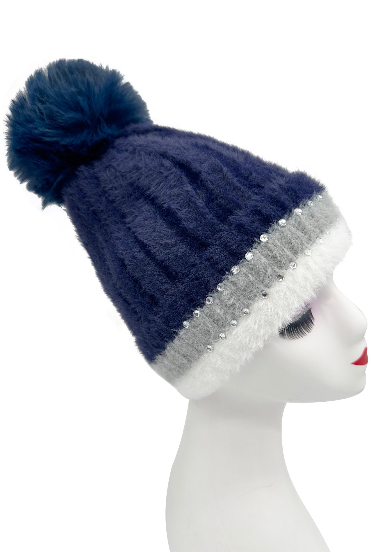 HT2411-090 Beanie Pom Pom Hat with Colourful Cuff