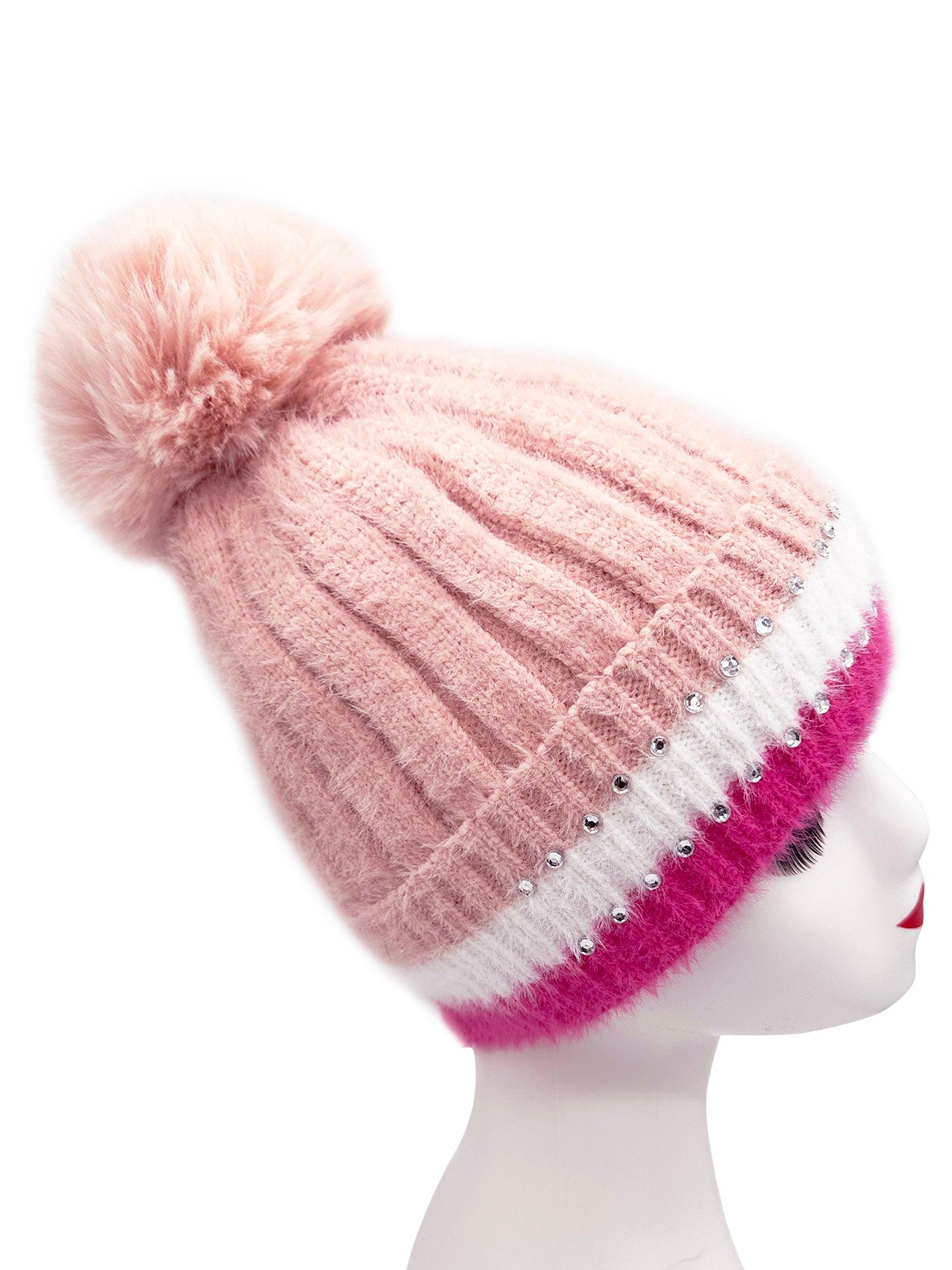 HT2411-090 Beanie Pom Pom Hat with Colourful Cuff