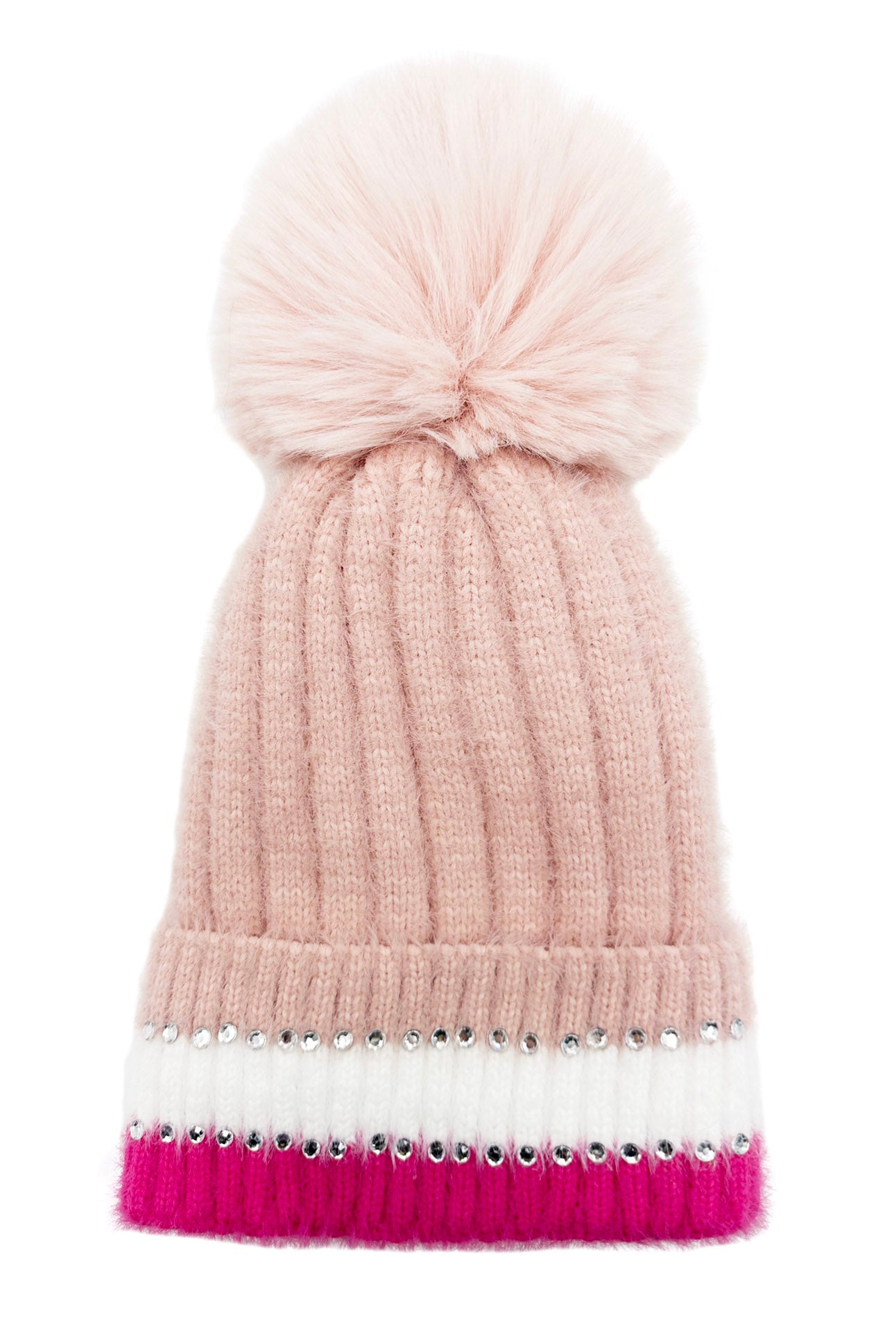 HT2411-090 Beanie Pom Pom Hat with Colourful Cuff