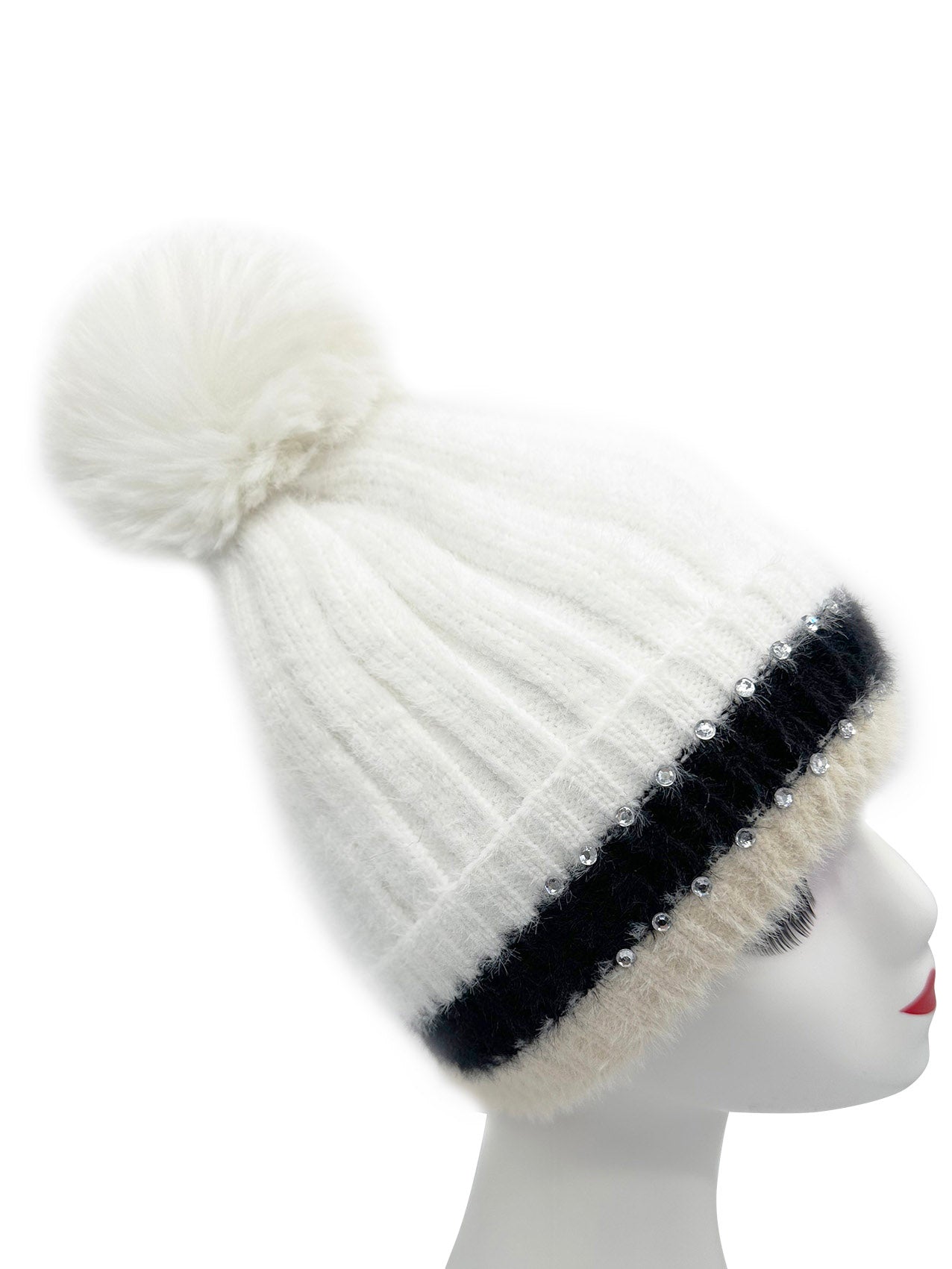 HT2411-090 Beanie Pom Pom Hat with Colourful Cuff