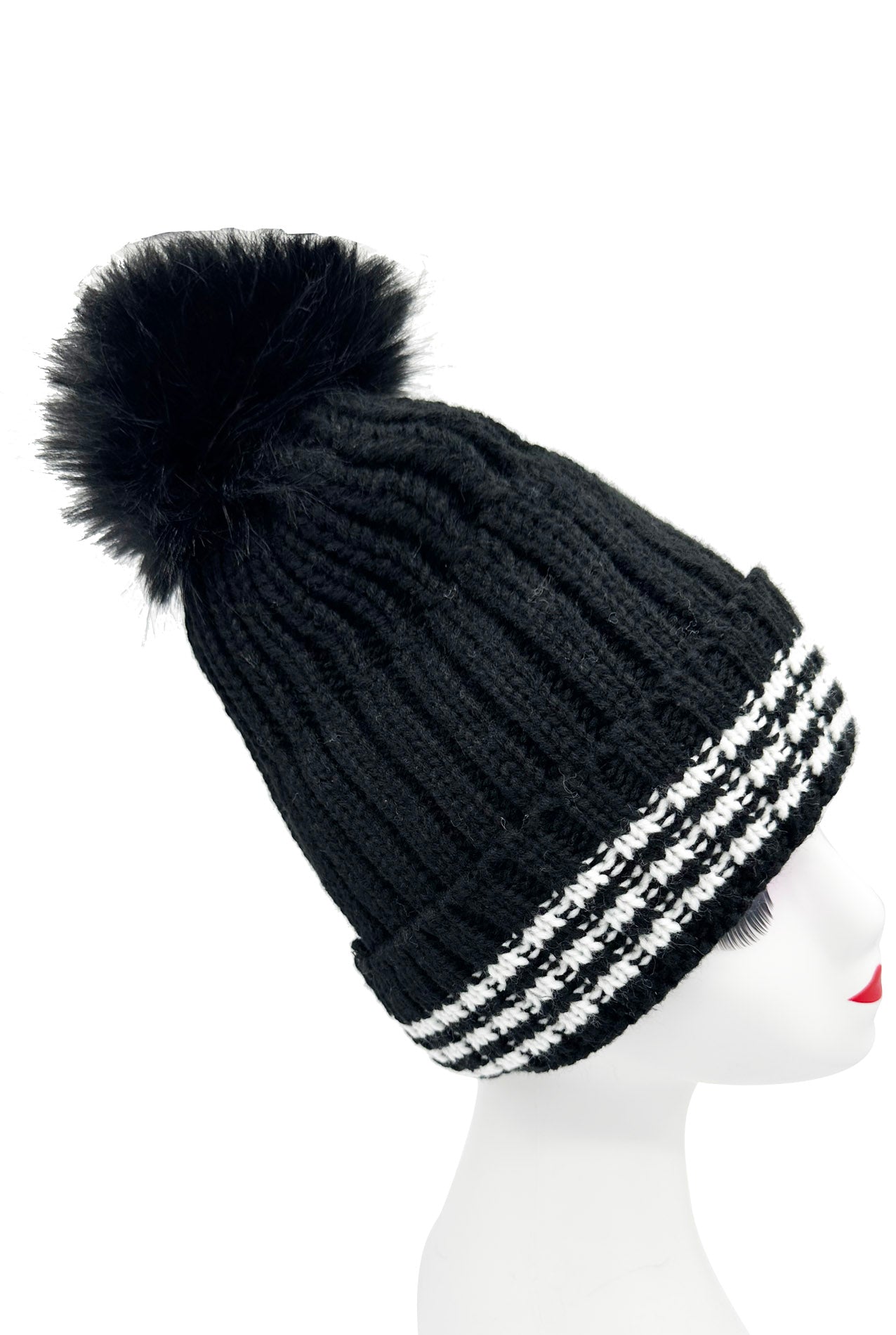 HT2499-091 Beanie Pom Pom Hat with Stripes