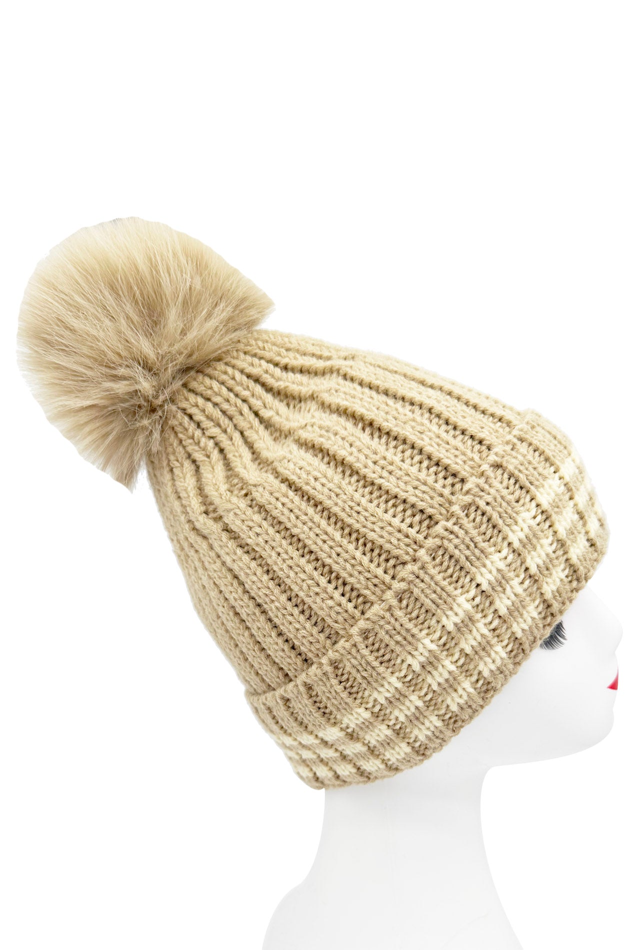 HT2499-091 Beanie Pom Pom Hat with Stripes