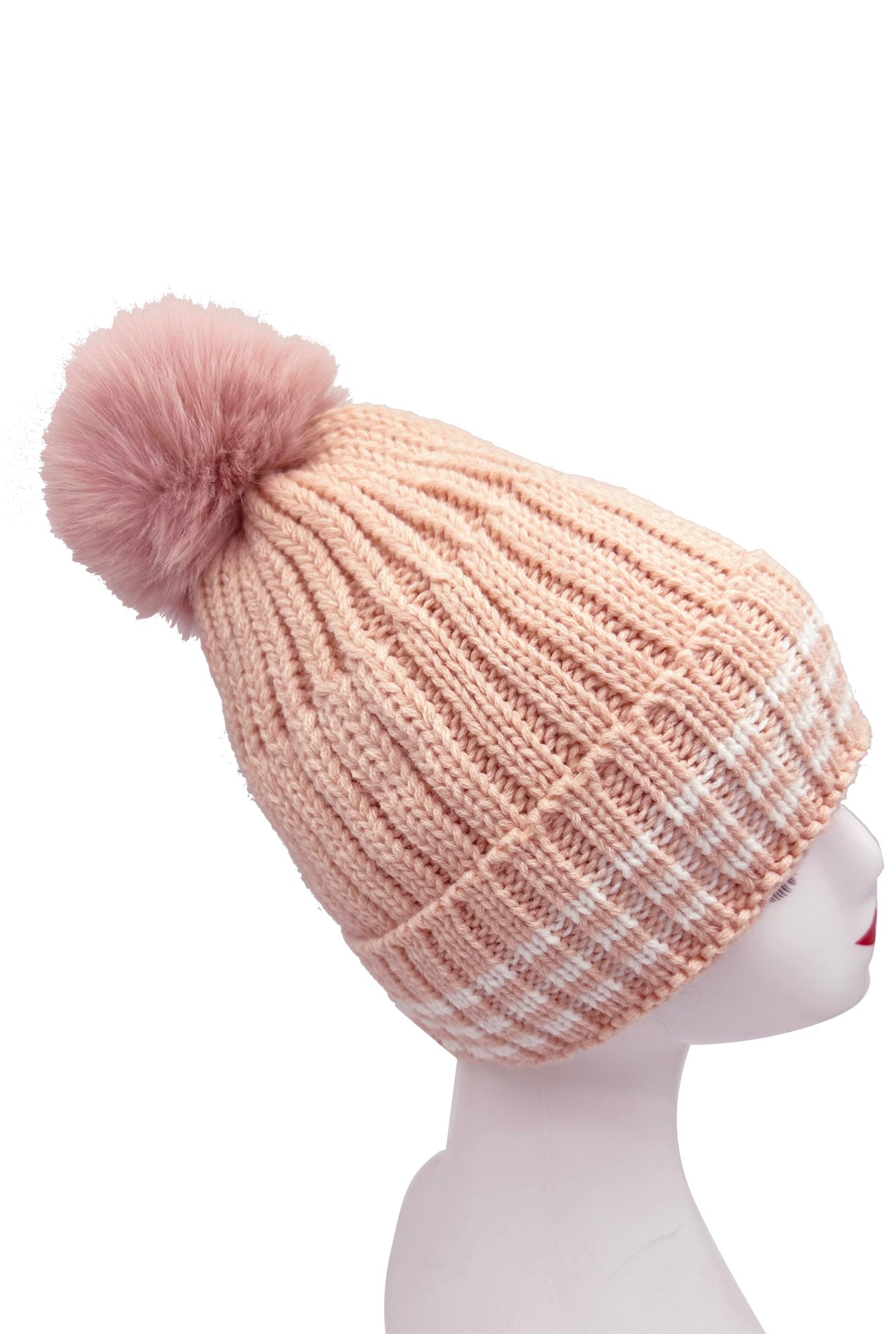 HT2499-091 Beanie Pom Pom Hat with Stripes