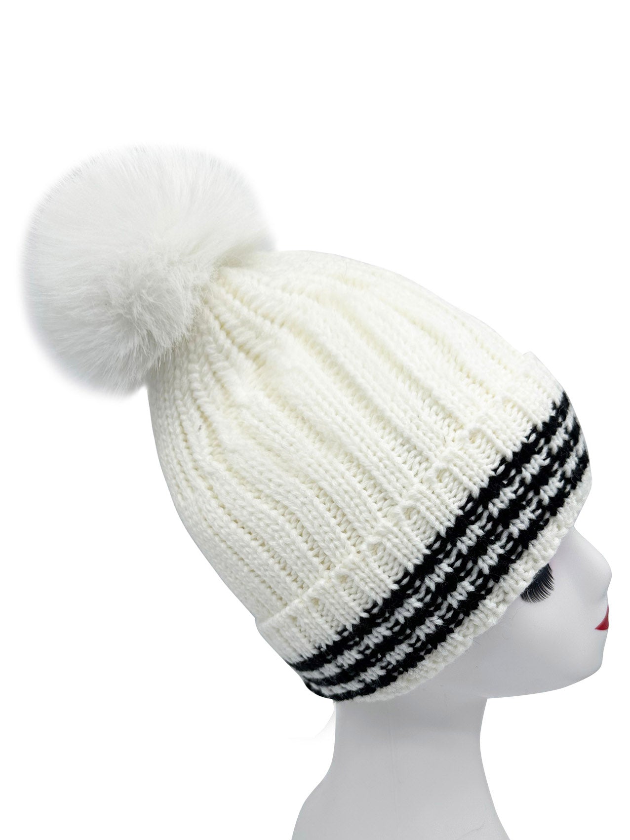 HT2499-091 Beanie Pom Pom Hat with Stripes