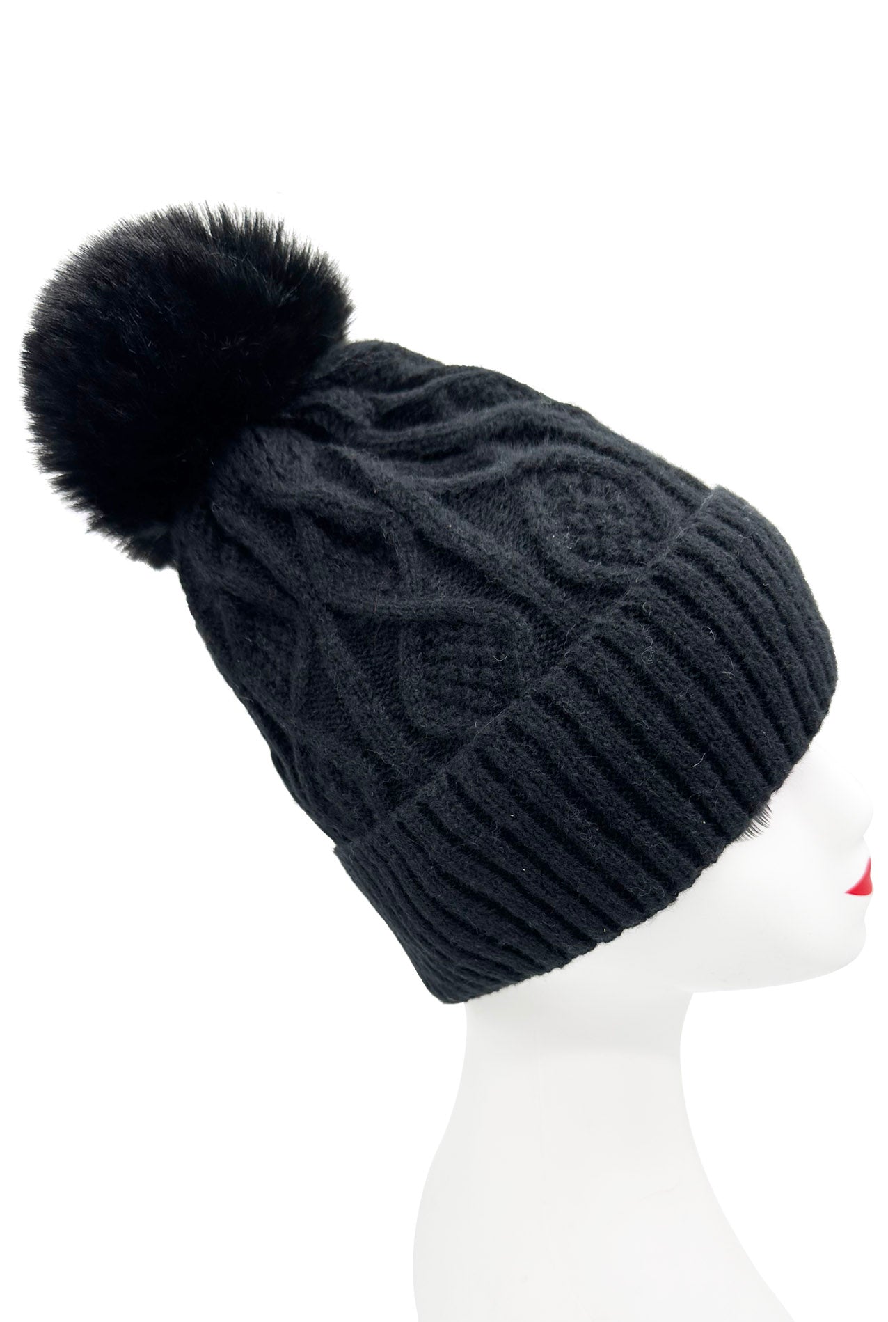 HT2460-093 Knitted Beanie Pom Pom Hat with Knit Pattern