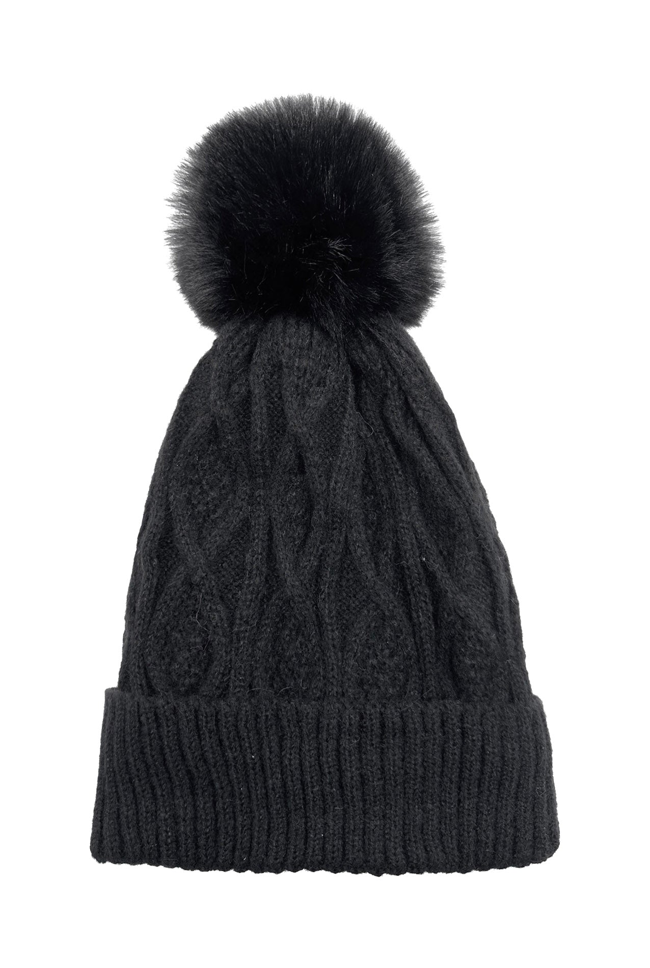 HT2460-093 Knitted Beanie Pom Pom Hat with Knit Pattern