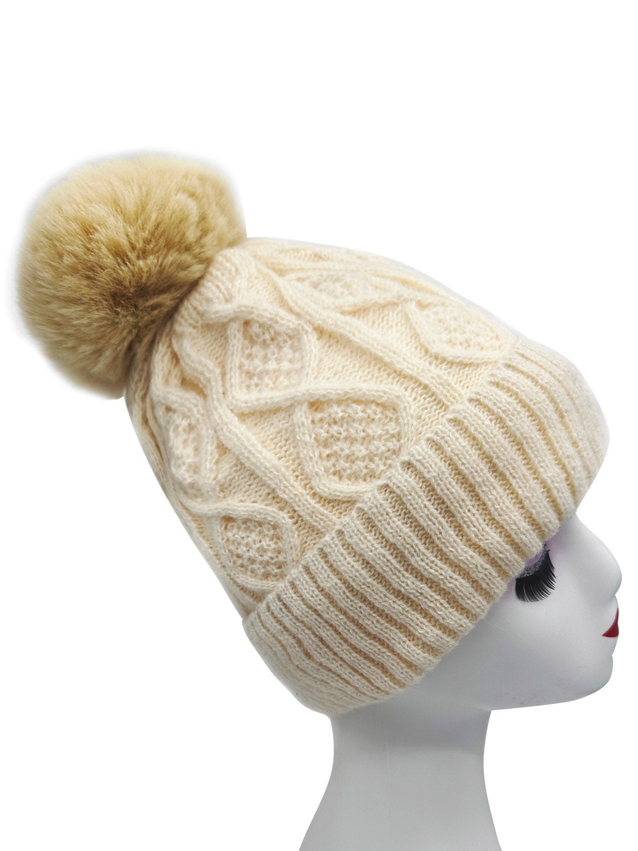 HT2460-093 Knitted Beanie Pom Pom Hat with Knit Pattern