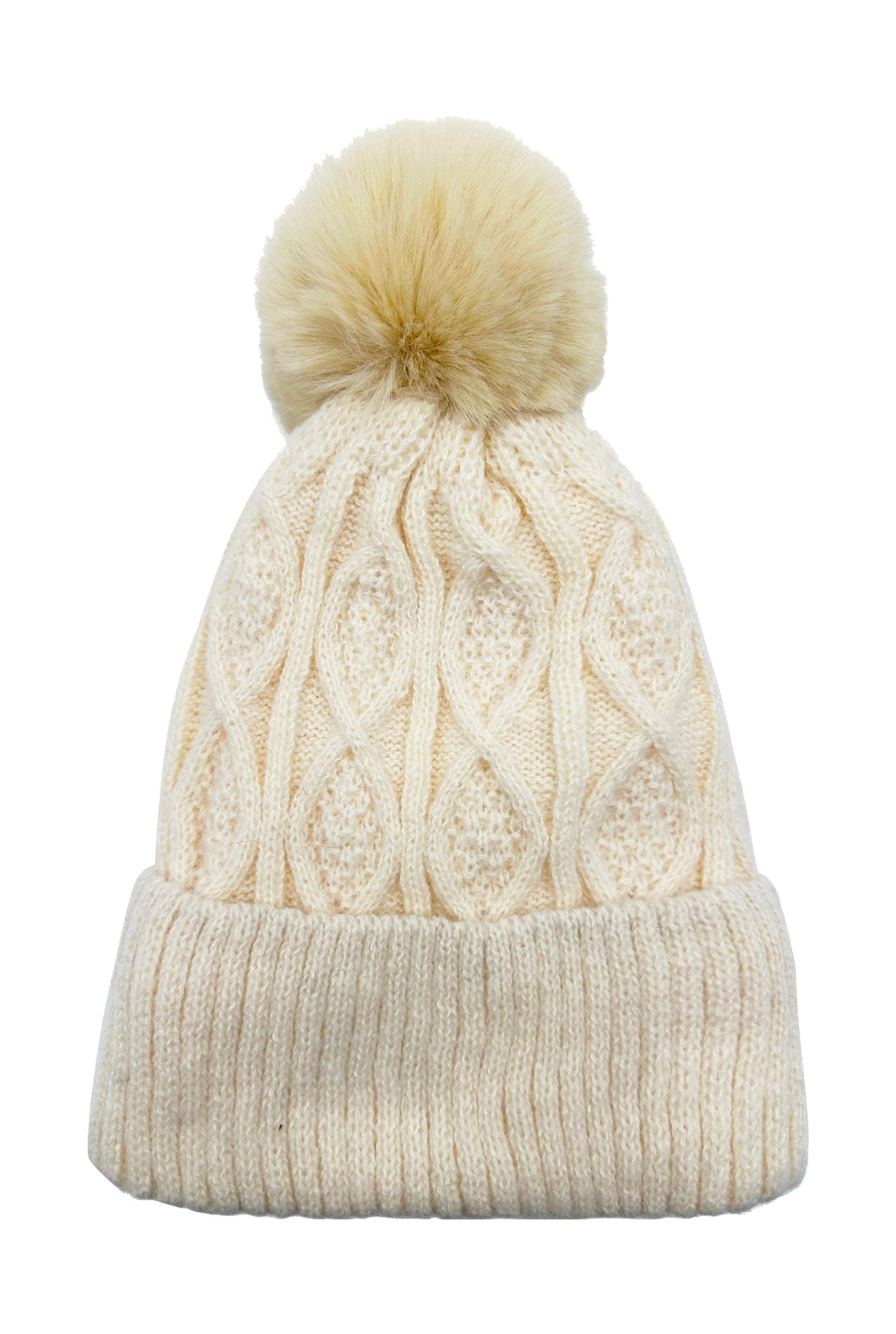 HT2460-093 Knitted Beanie Pom Pom Hat with Knit Pattern