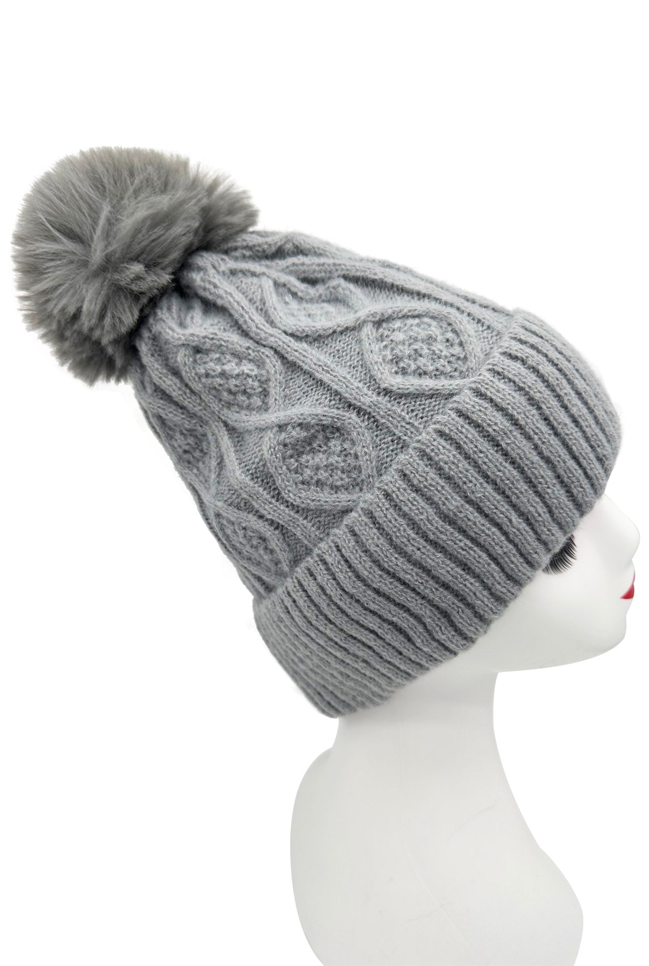 HT2460-093 Knitted Beanie Pom Pom Hat with Knit Pattern