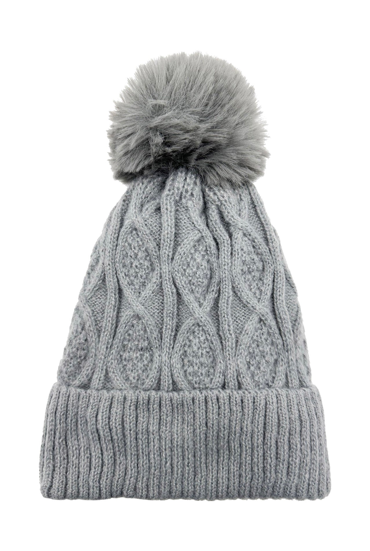 HT2460-093 Knitted Beanie Pom Pom Hat with Knit Pattern