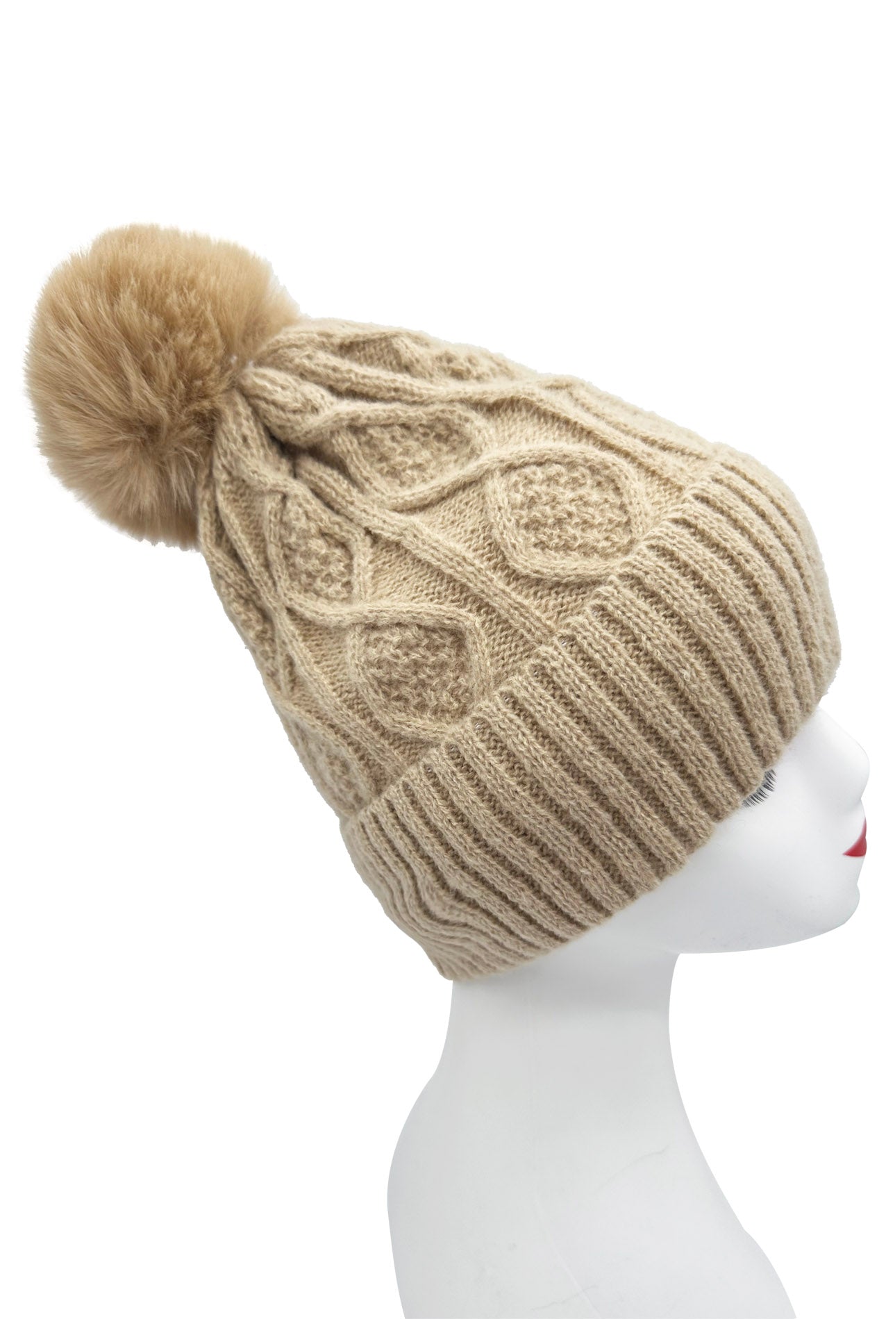 HT2460-093 Knitted Beanie Pom Pom Hat with Knit Pattern