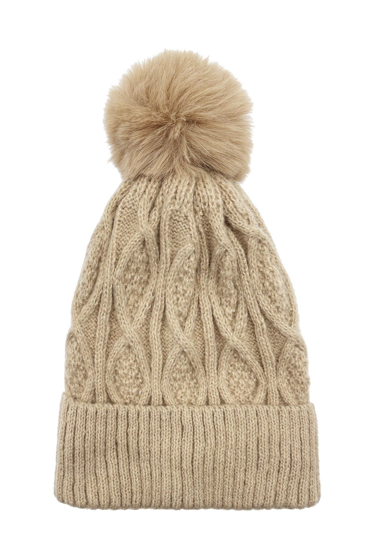 HT2460-093 Knitted Beanie Pom Pom Hat with Knit Pattern