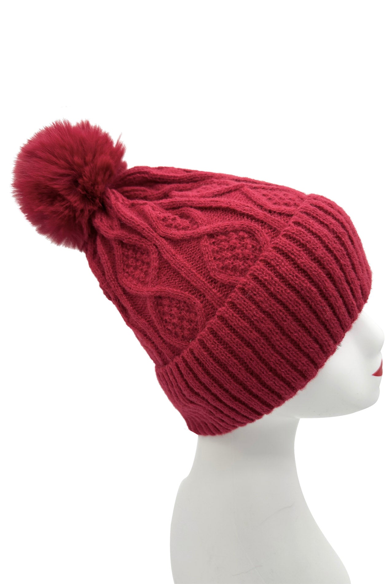 HT2460-093 Knitted Beanie Pom Pom Hat with Knit Pattern