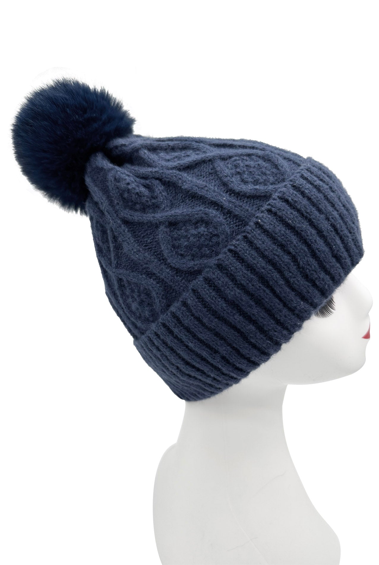 HT2460-093 Knitted Beanie Pom Pom Hat with Knit Pattern