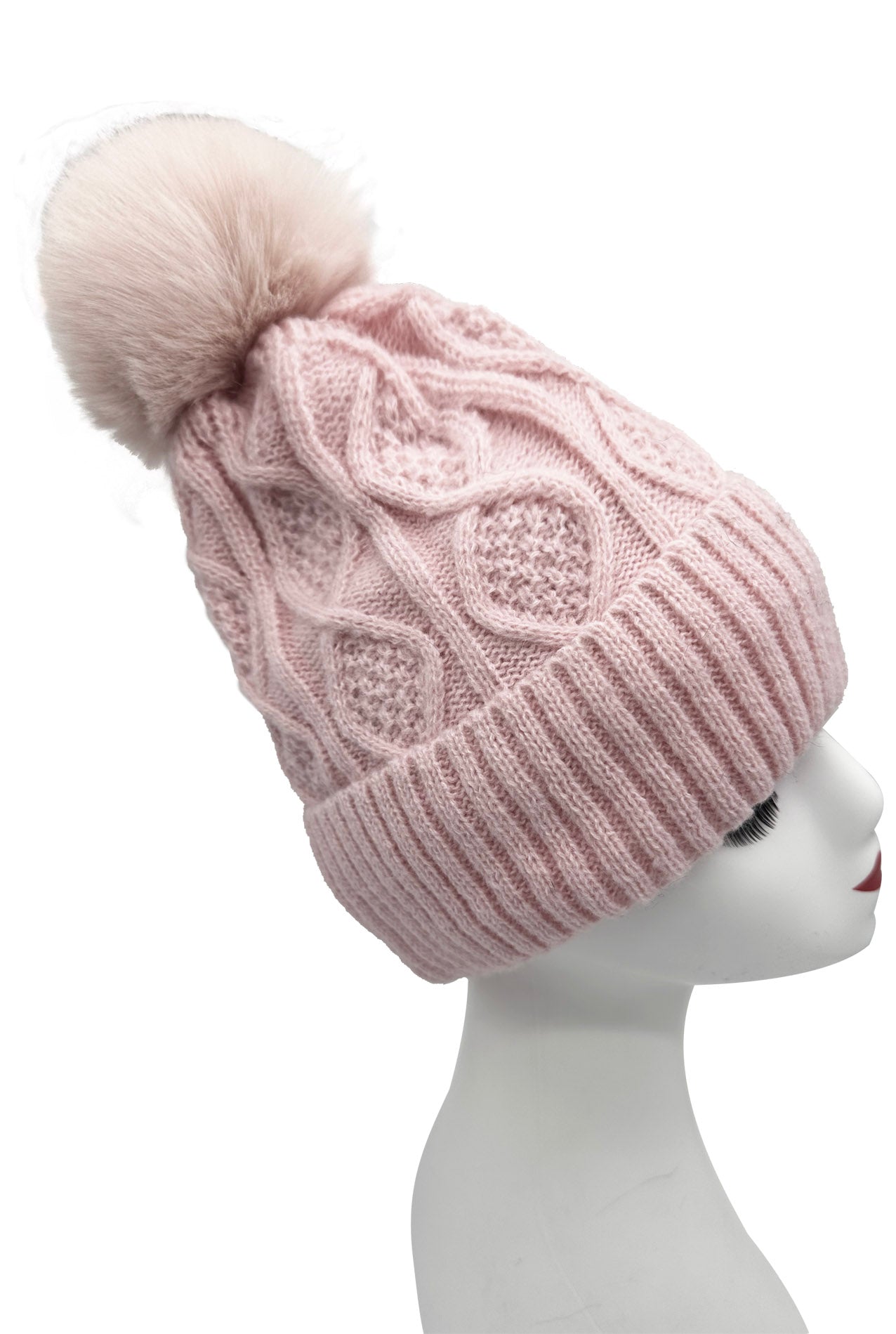 HT2460-093 Knitted Beanie Pom Pom Hat with Knit Pattern