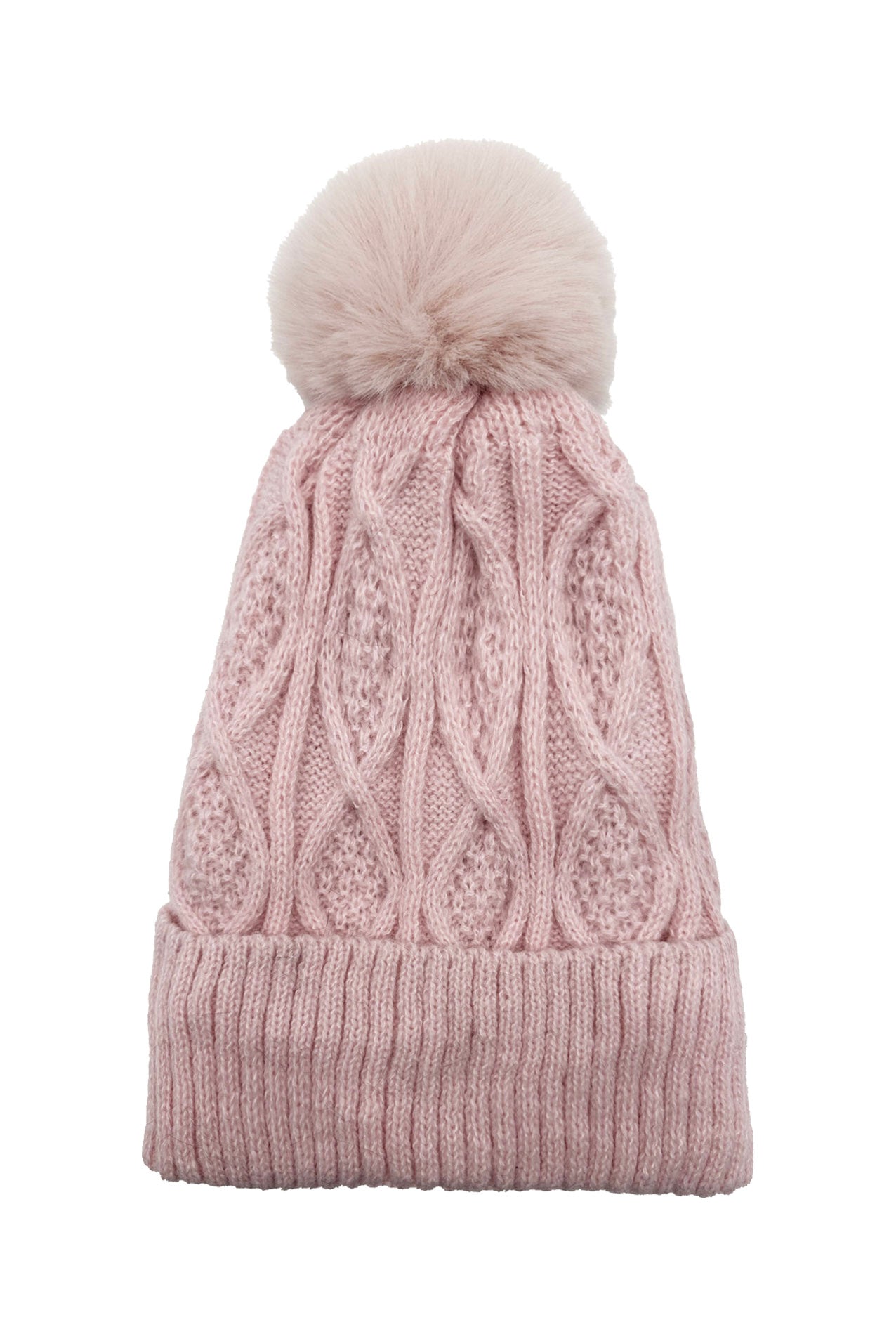 HT2460-093 Knitted Beanie Pom Pom Hat with Knit Pattern