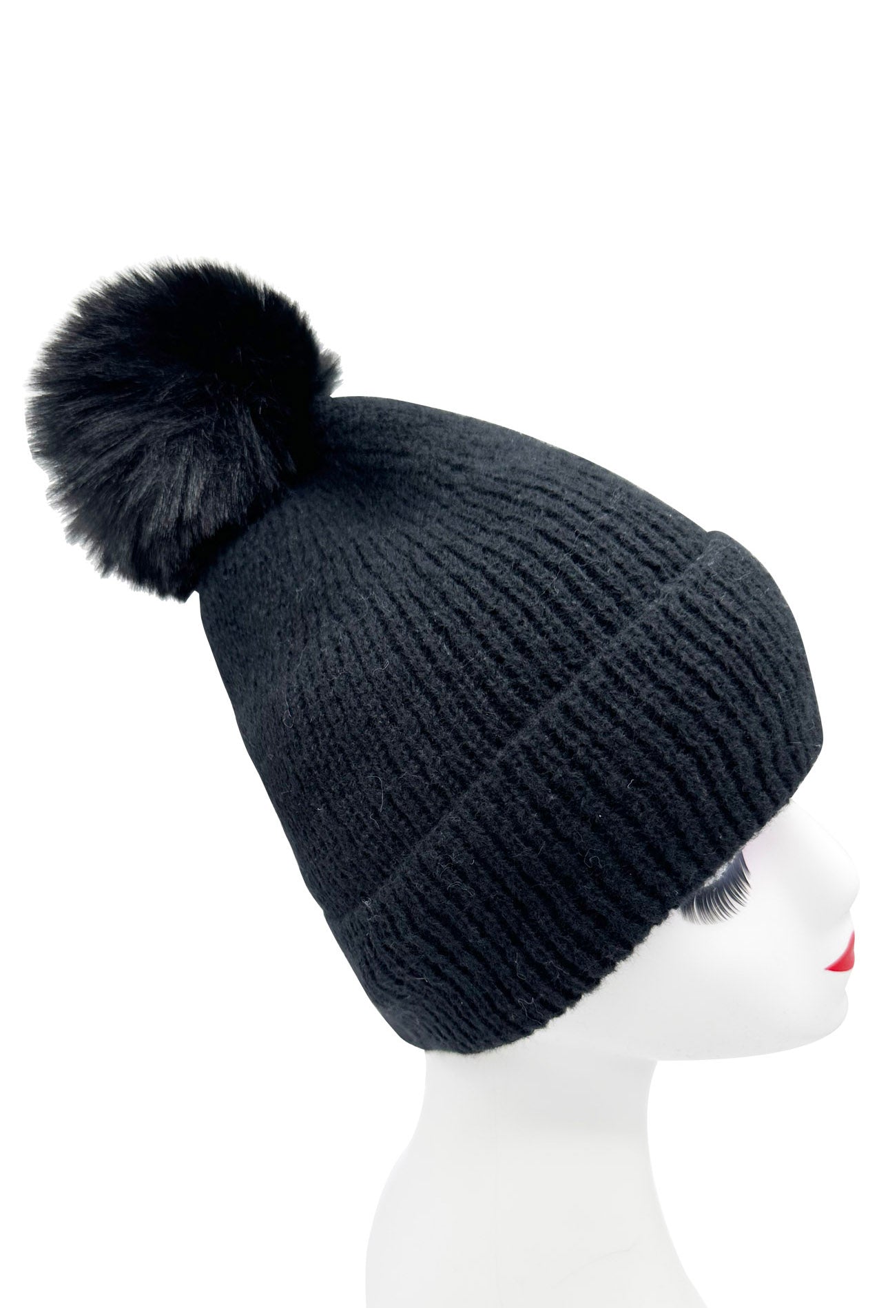 HT2460-094 Plain Knitted Beanie Pom Pom Hat