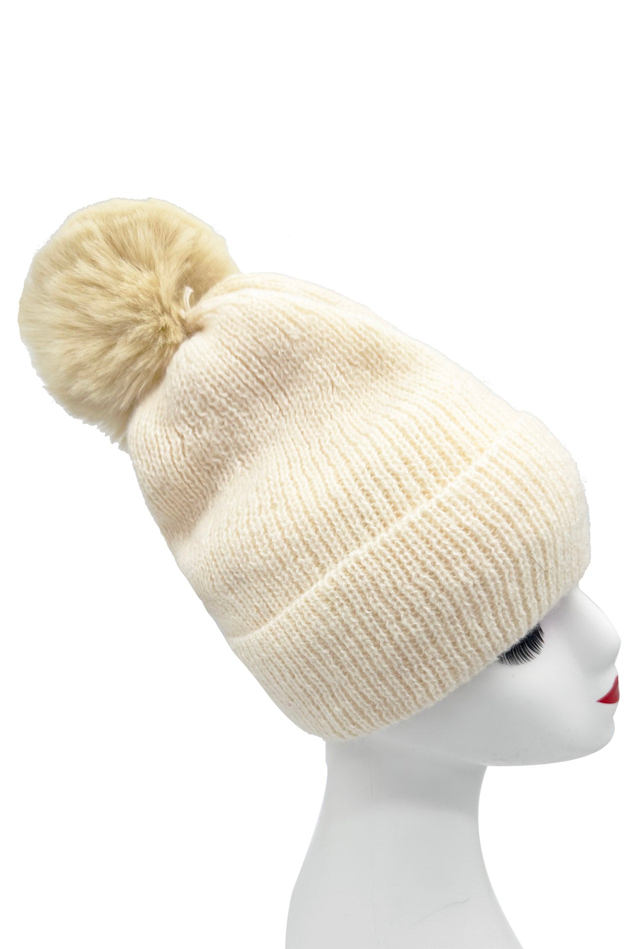 HT2460-094 Plain Knitted Beanie Pom Pom Hat