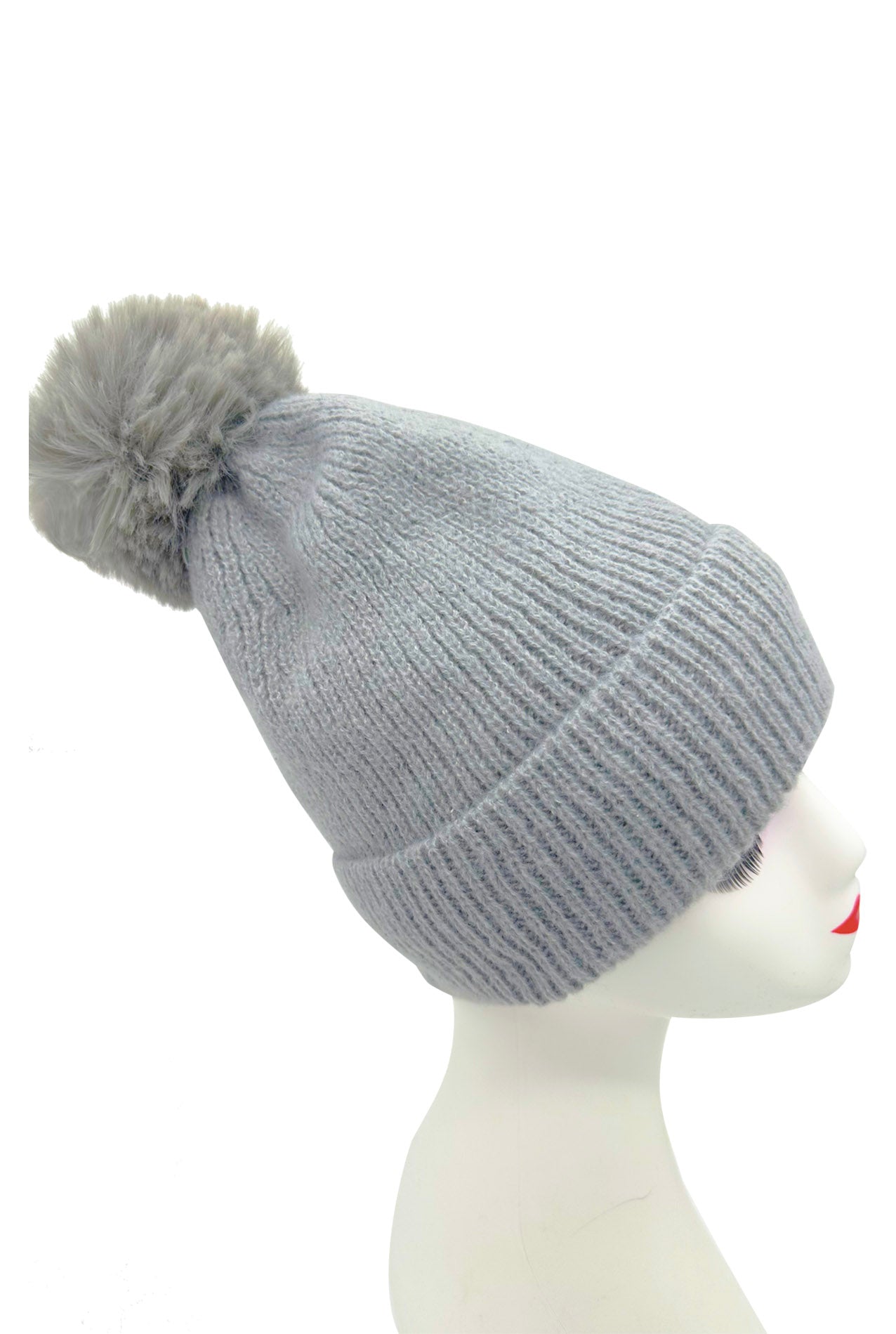 HT2460-094 Plain Knitted Beanie Pom Pom Hat