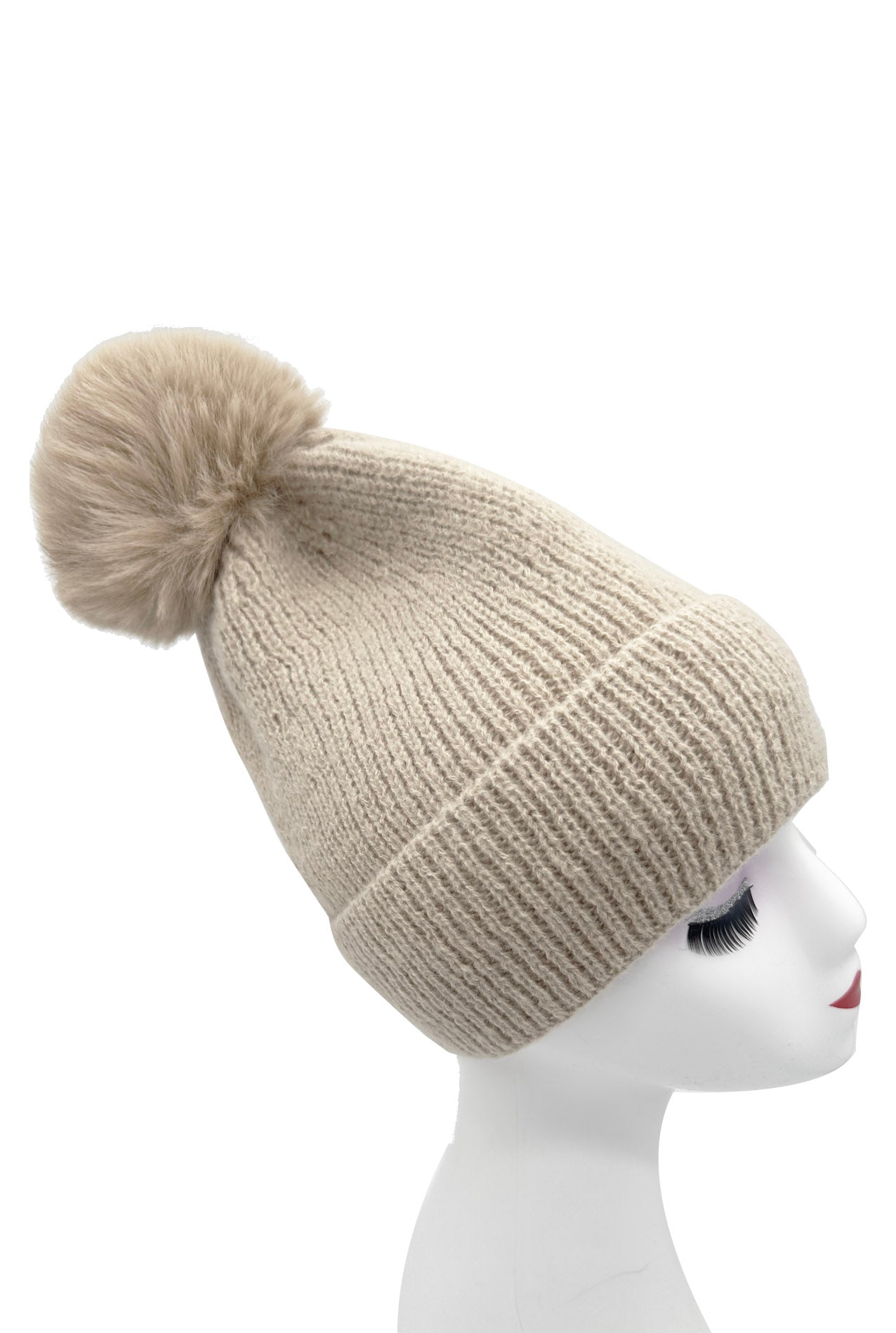 HT2460-094 Plain Knitted Beanie Pom Pom Hat