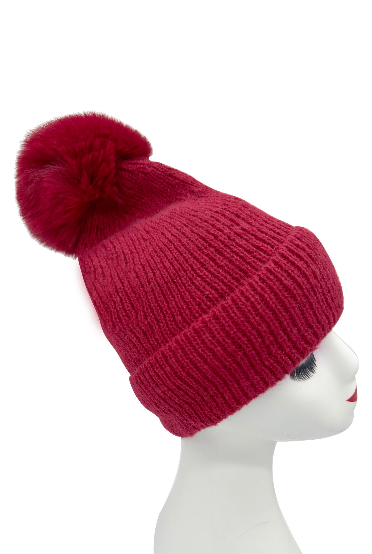 HT2460-094 Plain Knitted Beanie Pom Pom Hat