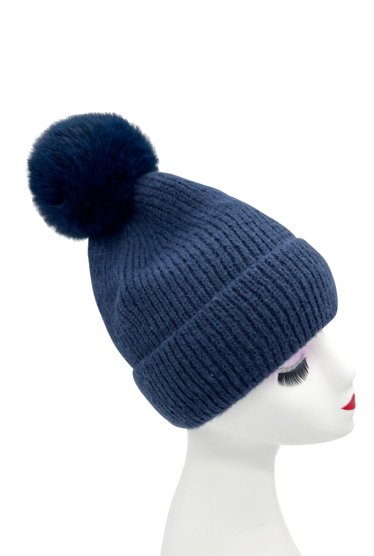 HT2460-094 Plain Knitted Beanie Pom Pom Hat