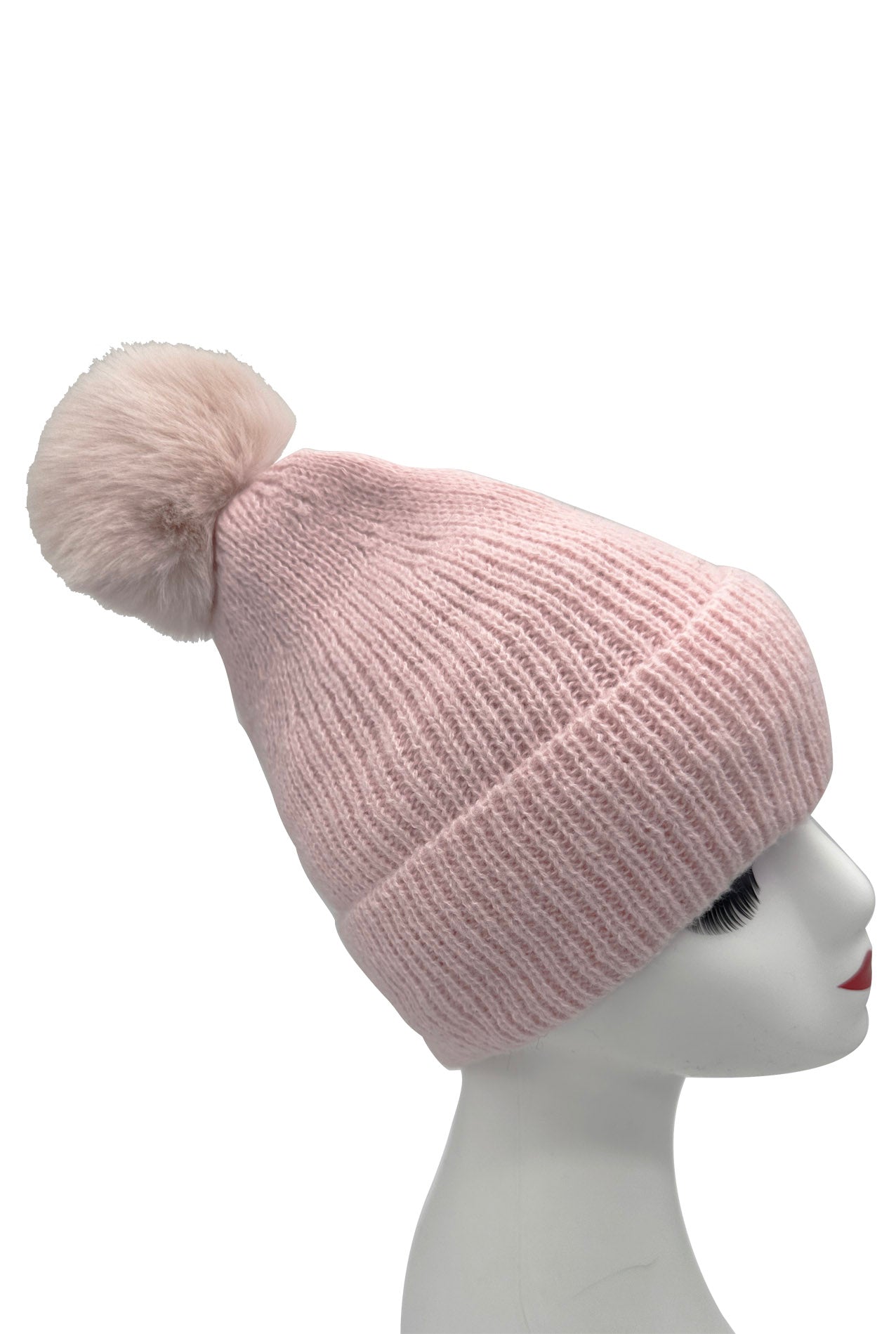 HT2460-094 Plain Knitted Beanie Pom Pom Hat