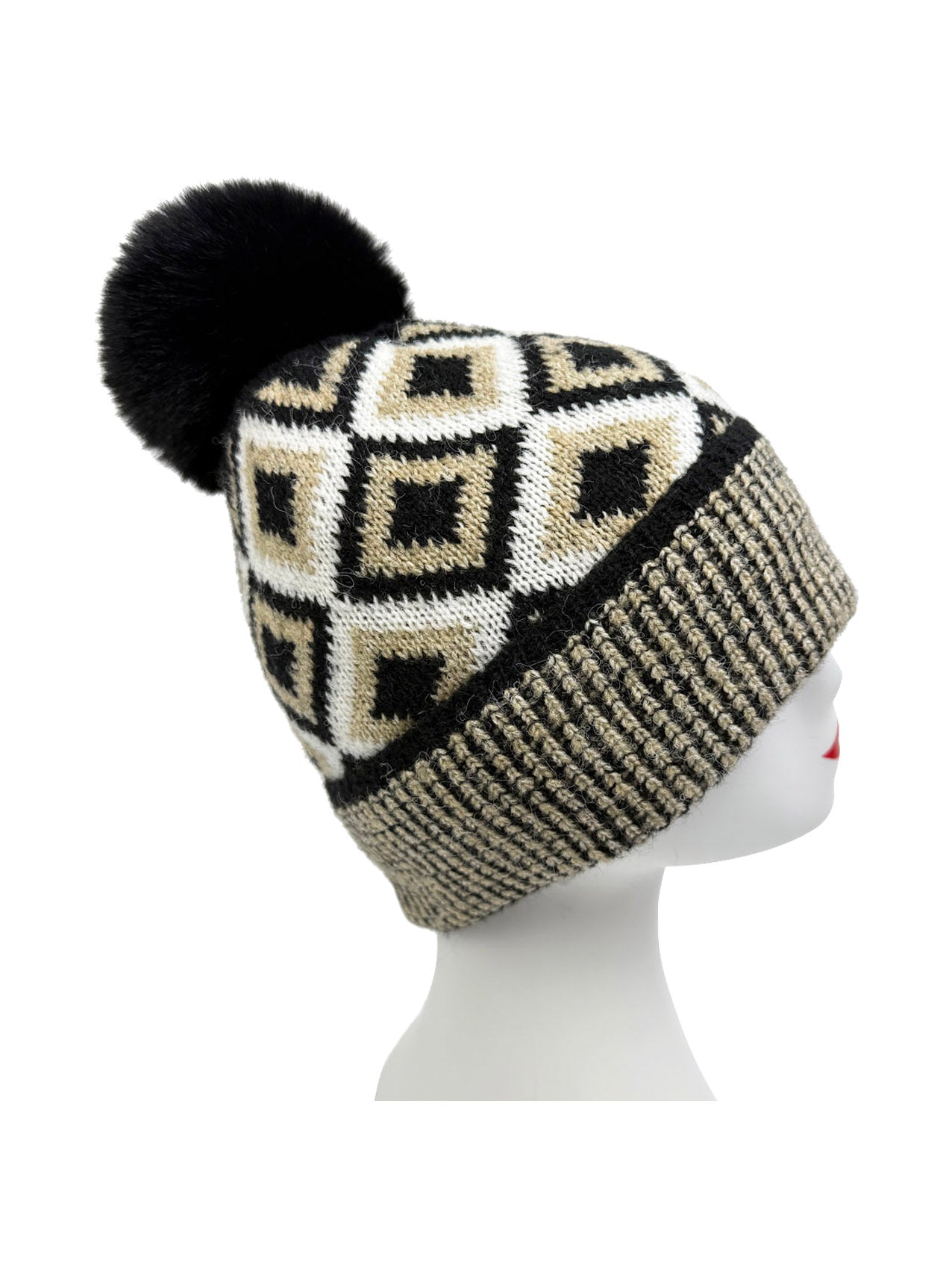 HT25105-325 Traditional Knitted Pattern Beanie Hat with Pom Pom