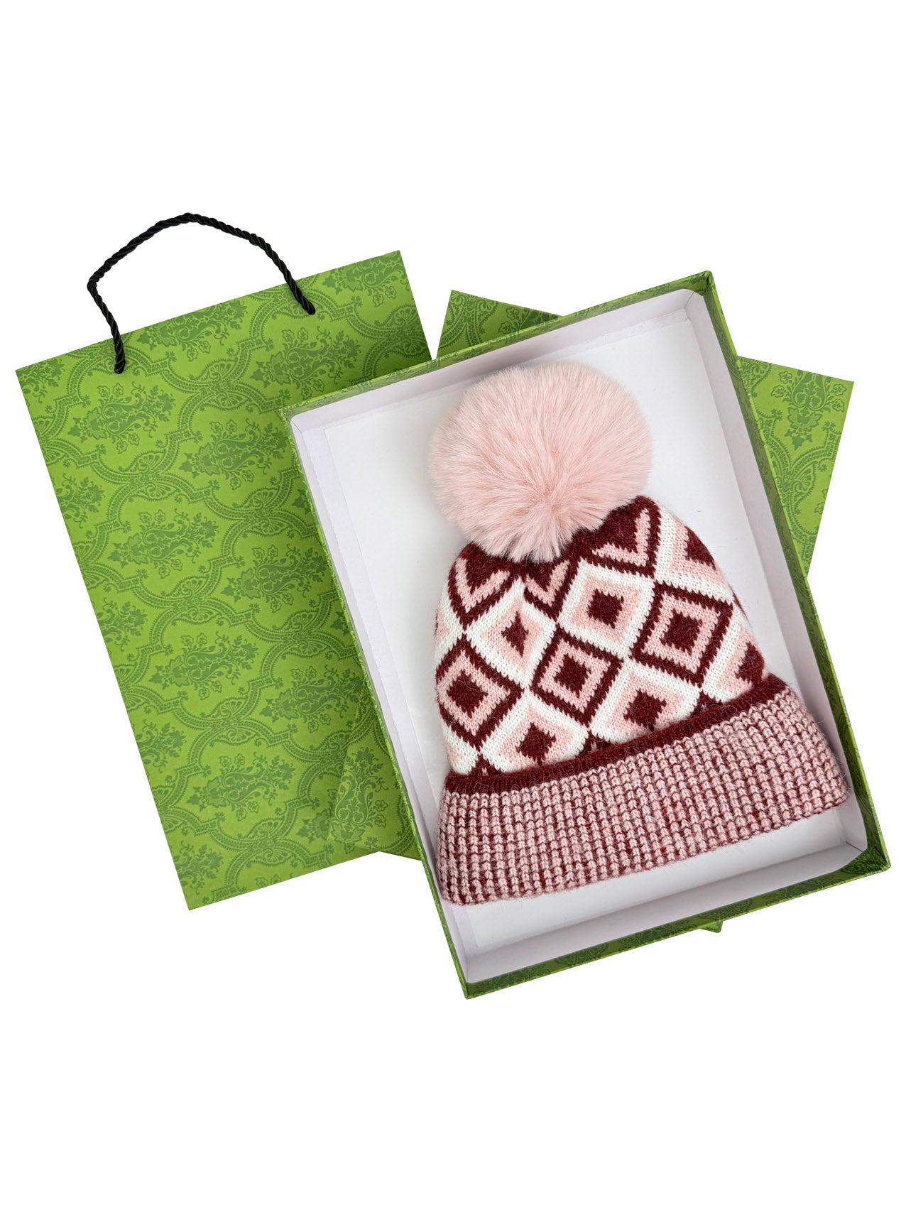 HT25105-325 Traditional Knitted Pattern Beanie Hat with Pom Pom