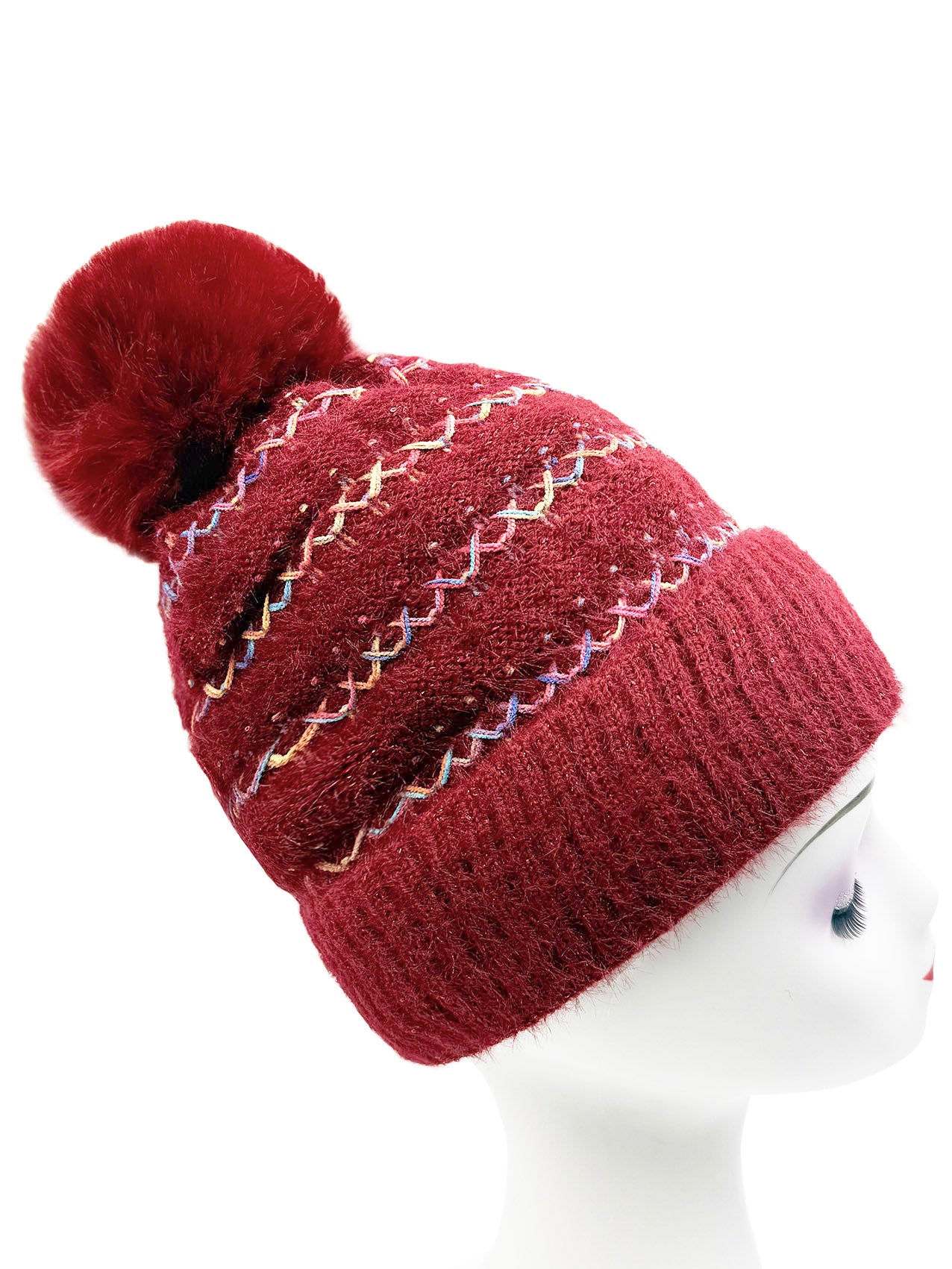 HT2520-174 Soft Beanie Pom Pom Hat with Multicolour Layers Detailing