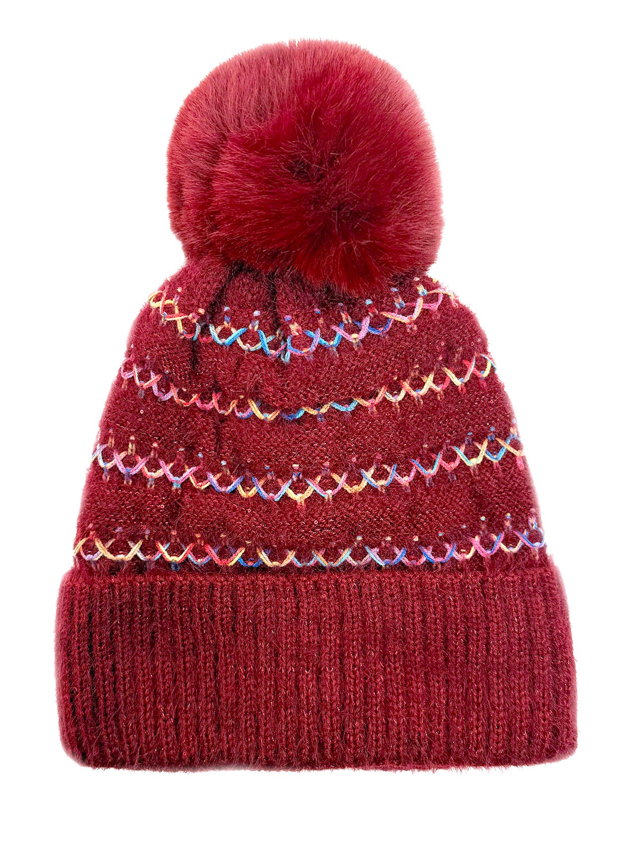 HT2520-174 Soft Beanie Pom Pom Hat with Multicolour Layers Detailing