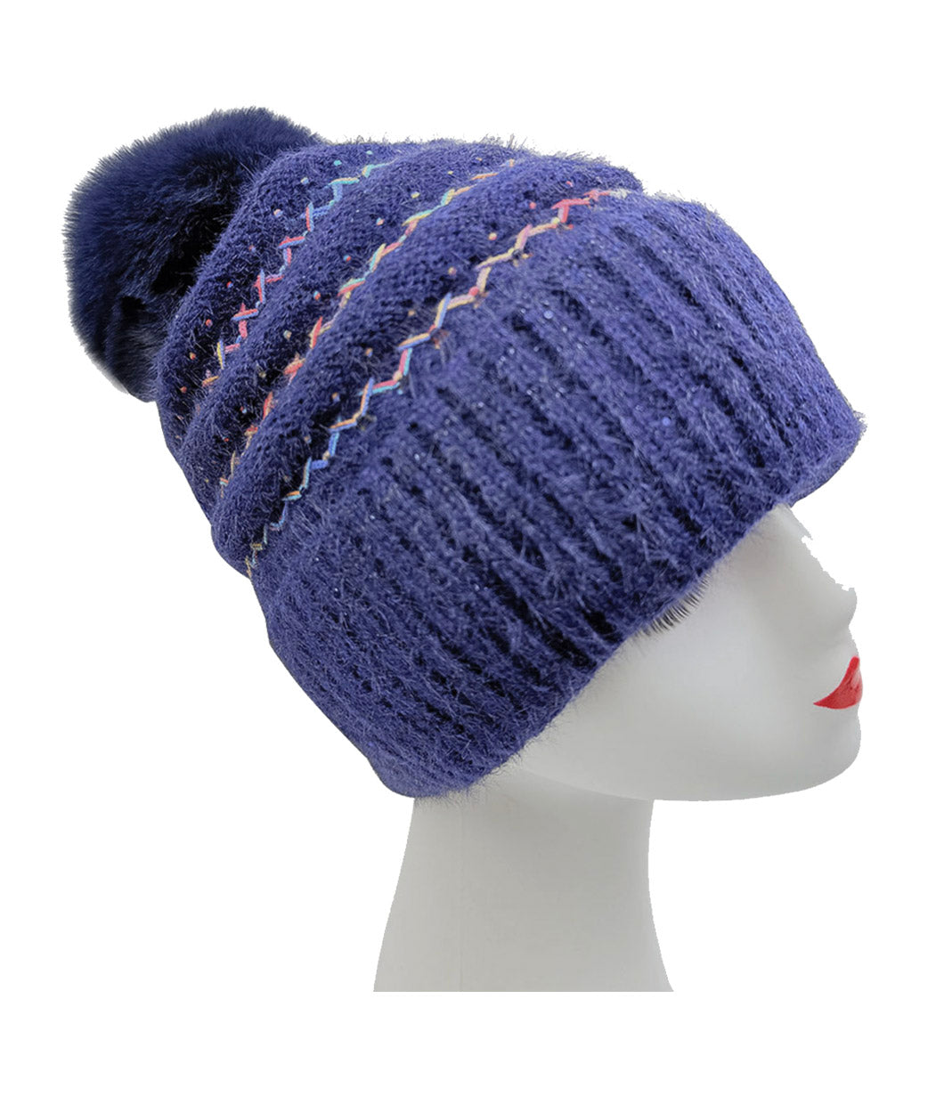 HT2520-174 Soft Beanie Pom Pom Hat with Multicolour Layers Detailing
