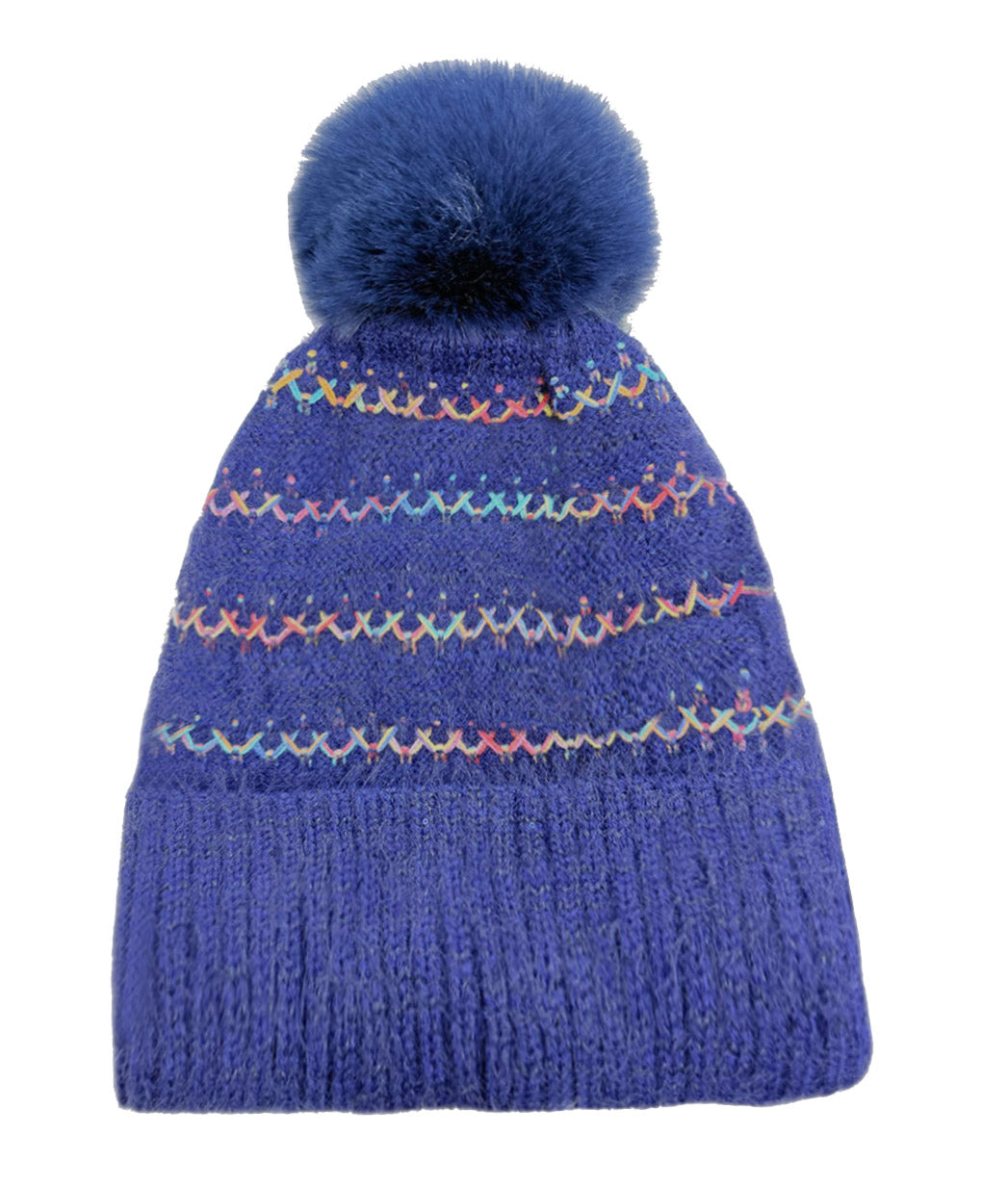 HT2520-174 Soft Beanie Pom Pom Hat with Multicolour Layers Detailing