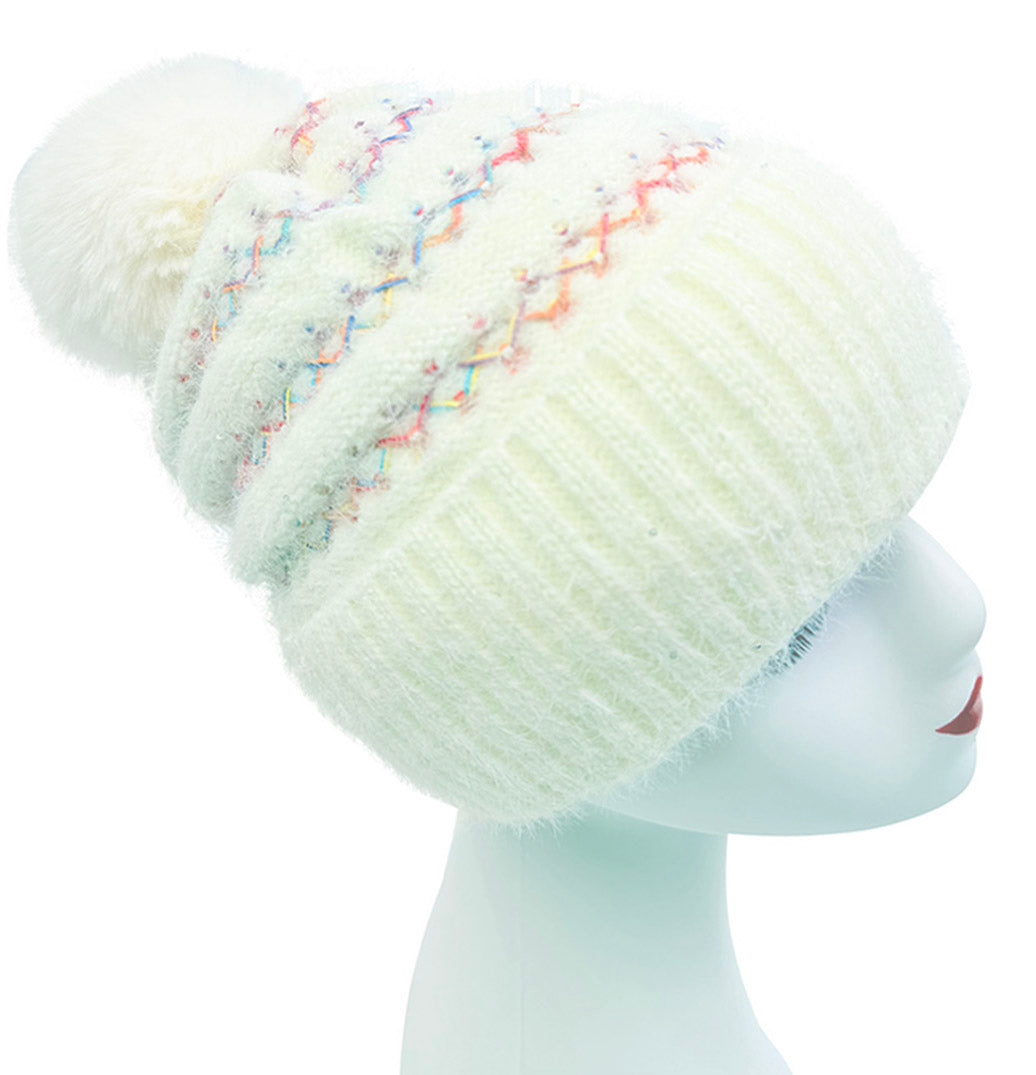 HT2520-174 Soft Beanie Pom Pom Hat with Multicolour Layers Detailing