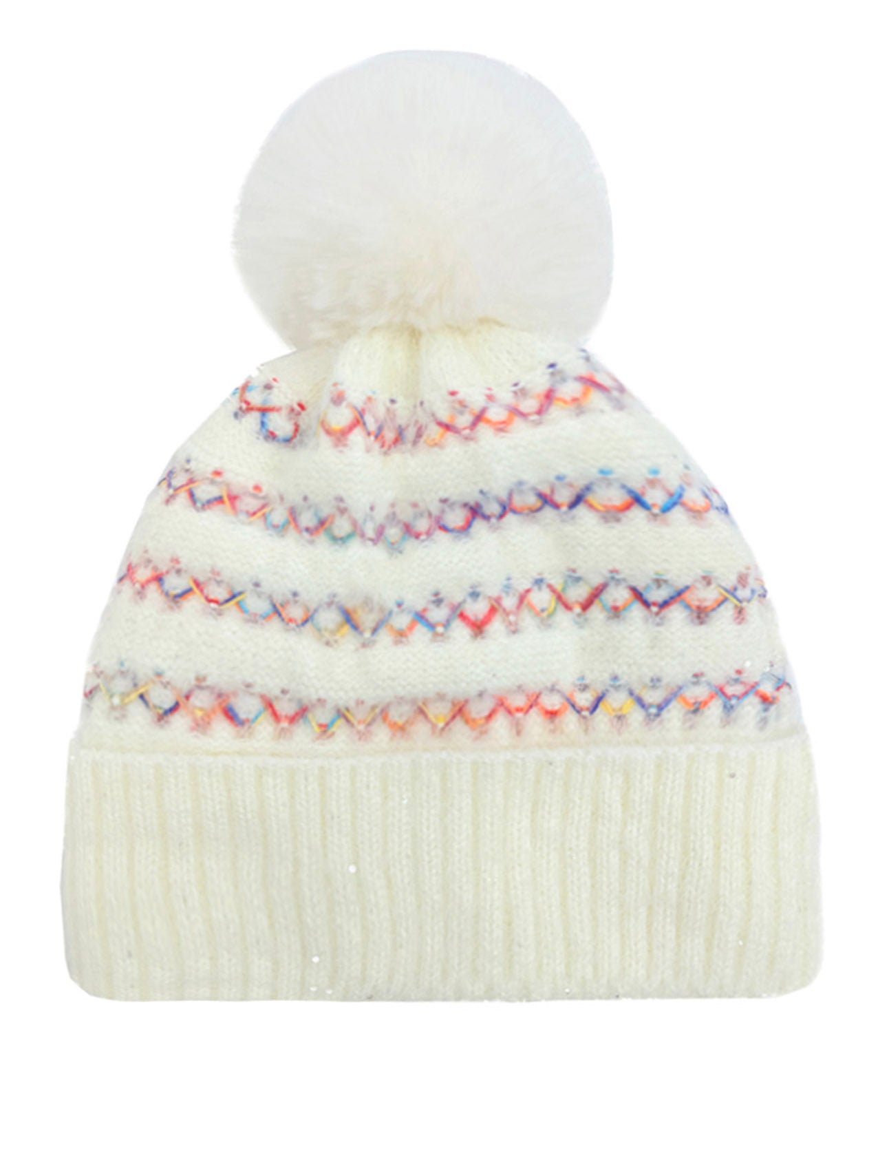 HT2520-174 Soft Beanie Pom Pom Hat with Multicolour Layers Detailing