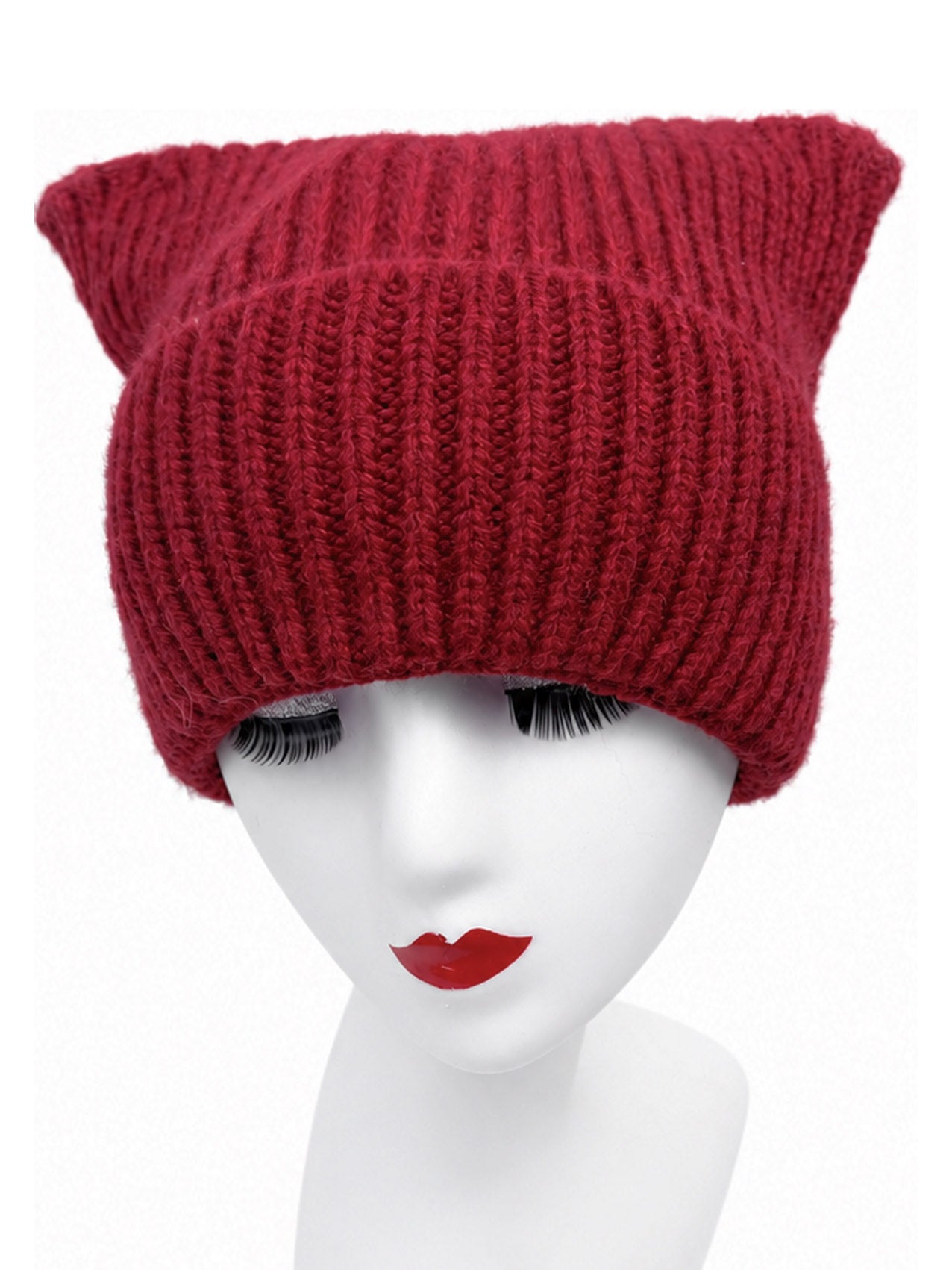 HT26100-394 Solid Colour Ear Themed Knitted Beanie Hat