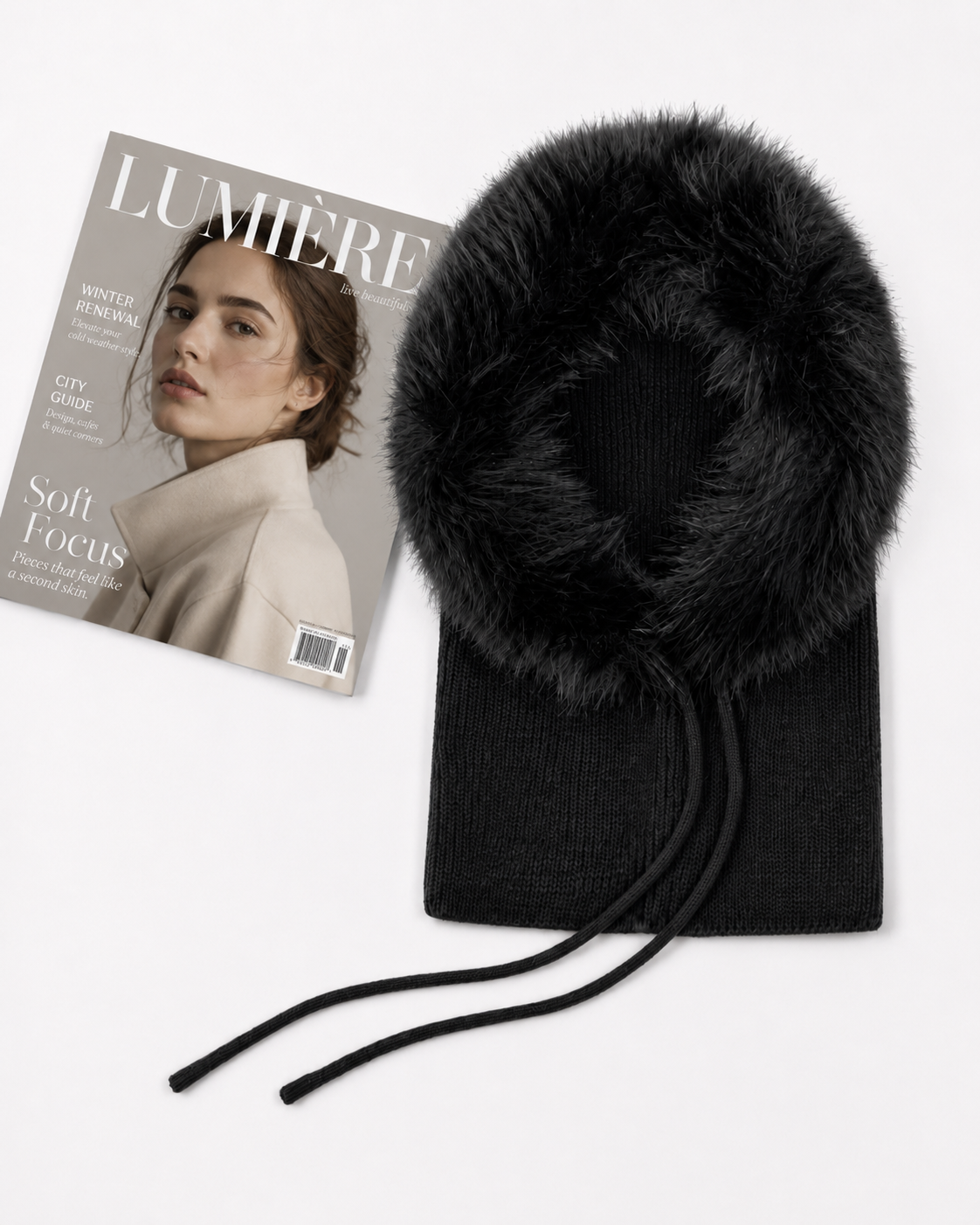 HT26150-377 Fur Trimmed Knit Balaclava Hood