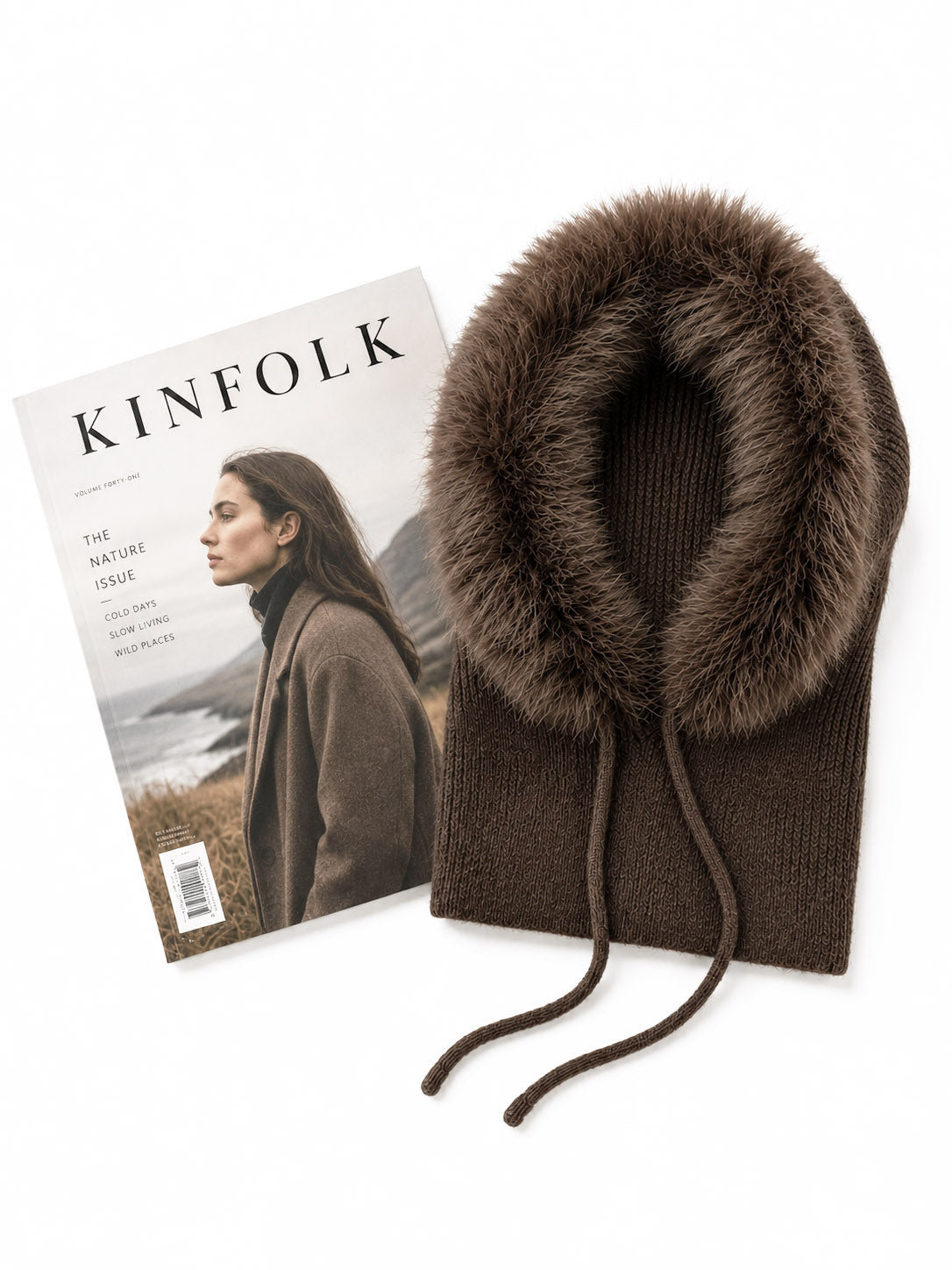 HT26150-377 Fur Trimmed Knit Balaclava Hood