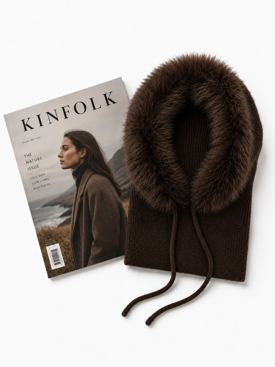 HT26150-377 Fur Trimmed Knit Balaclava Hood