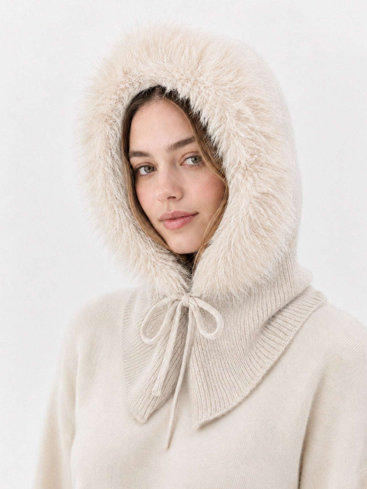 HT26150-377 Fur Trimmed Knit Balaclava Hood