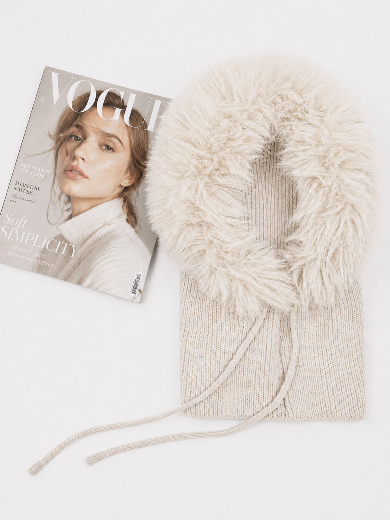 HT26150-377 Fur Trimmed Knit Balaclava Hood