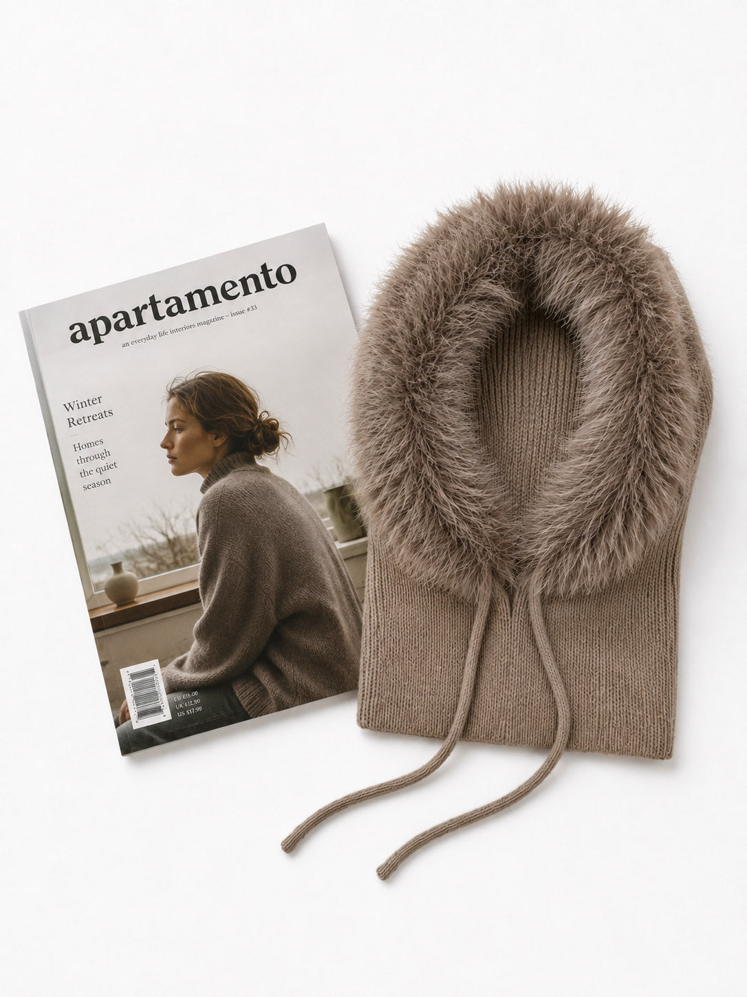 HT26150-377 Fur Trimmed Knit Balaclava Hood