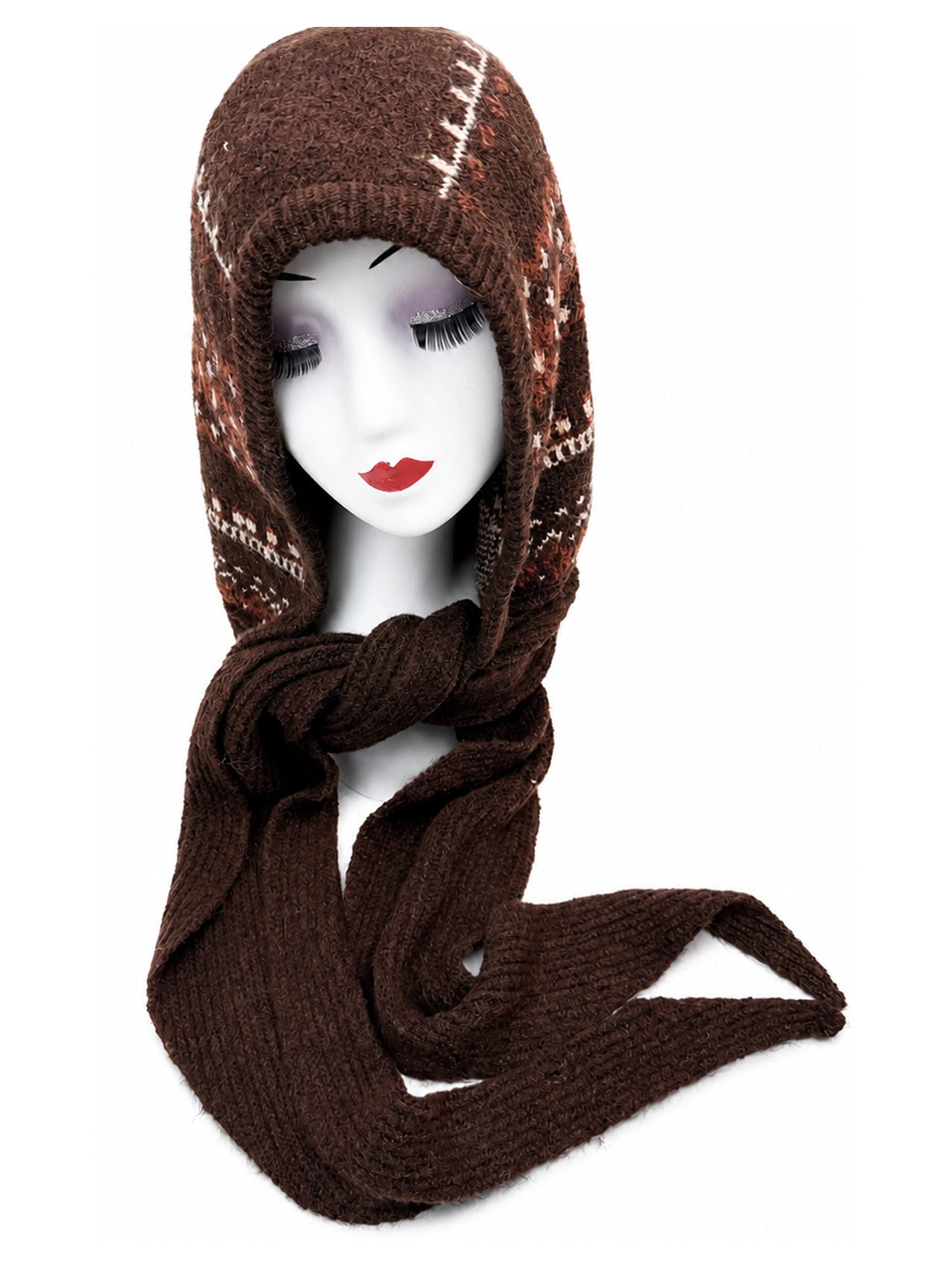 HT26200-375 Knitted Snowflake Print Hooded Scarf