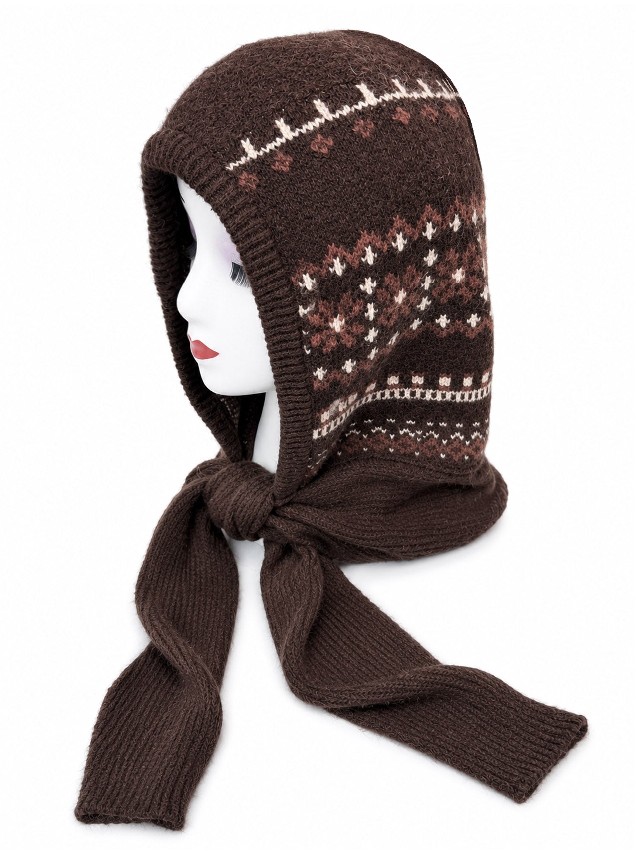 HT26200-375 Knitted Snowflake Print Hooded Scarf